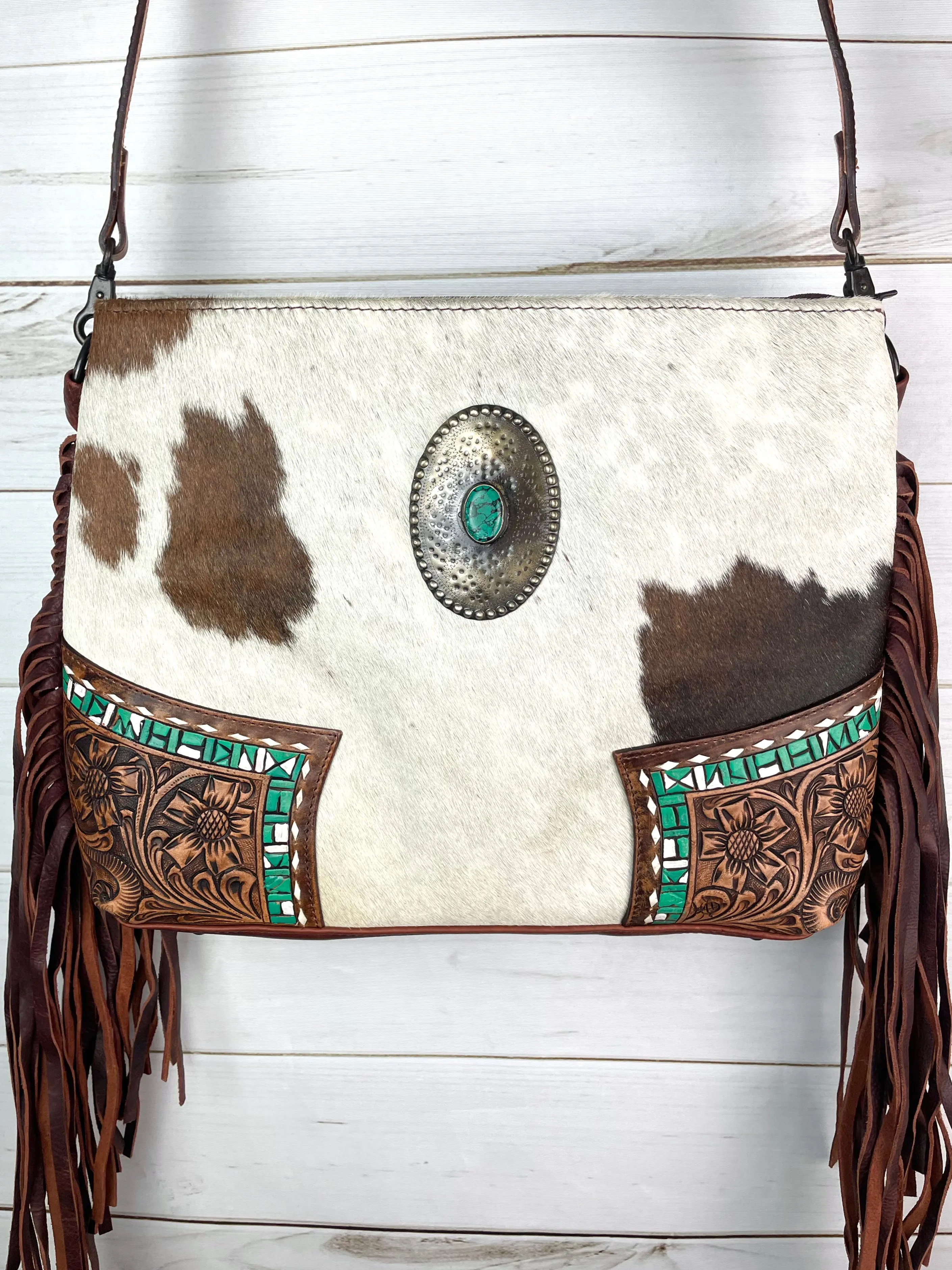 CLEARANCE! Vintage Concho Hide & Leather Tooled Handbag