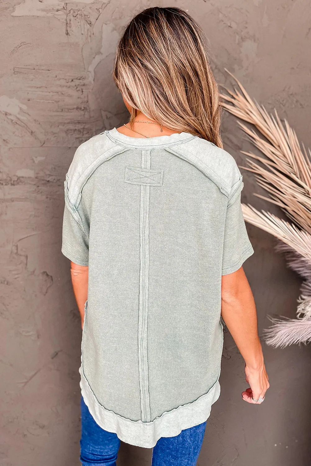 Clearly Aqua Mineral Washed Patchwork Exposed Seam Short Sleeve Top