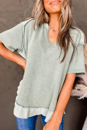 Clearly Aqua Mineral Washed Patchwork Exposed Seam Short Sleeve Top