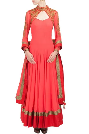 Coral color anarkali suit