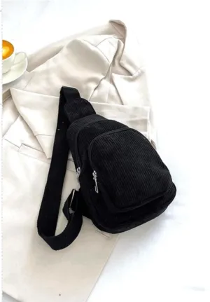 CORDUROY VINTAGE DOUBLE POCKET CROSSBODY SLING BAG - BLACK