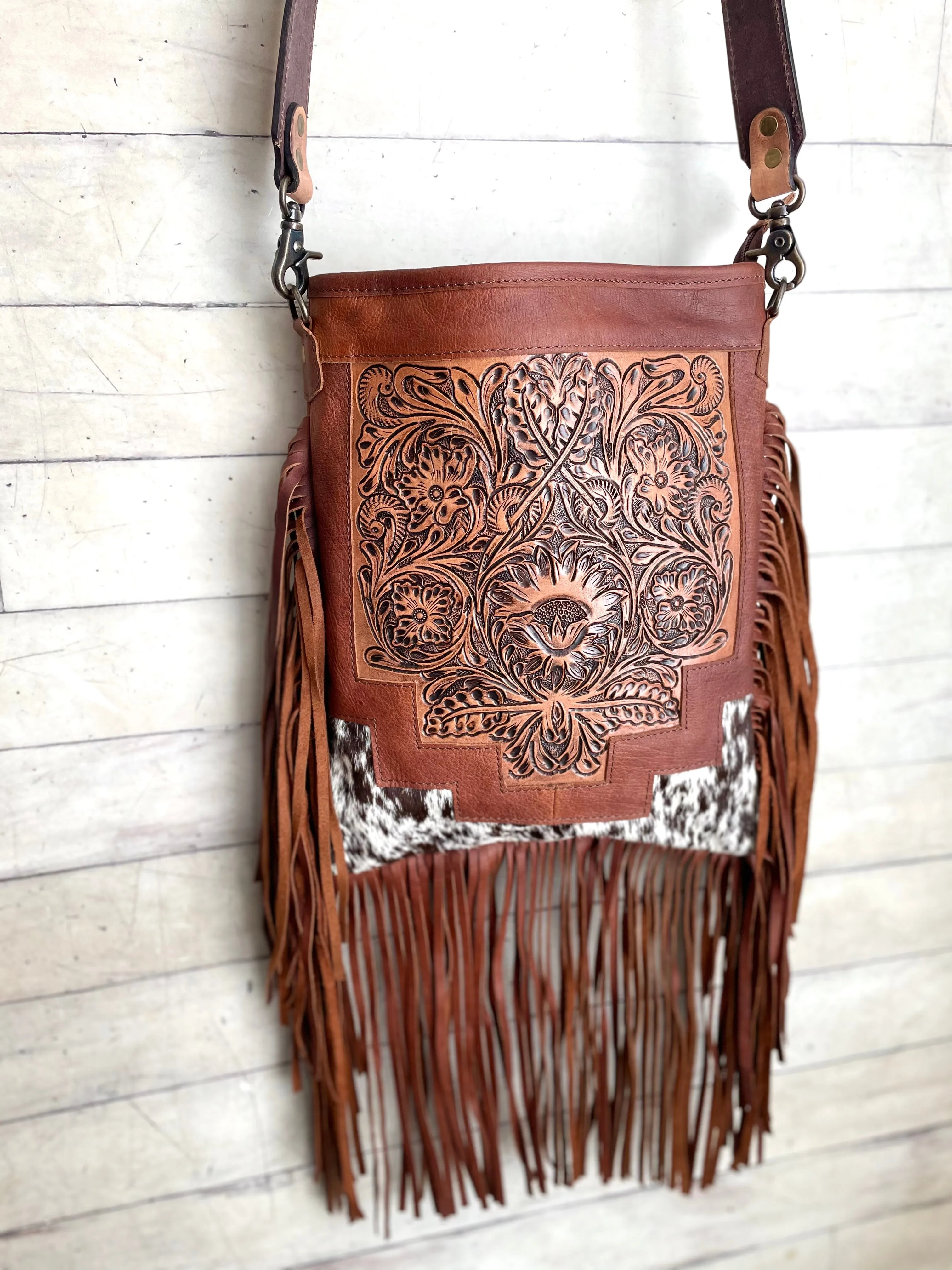 Country Hide & Floral Tooled, Fringe Chocolate Leather Bag