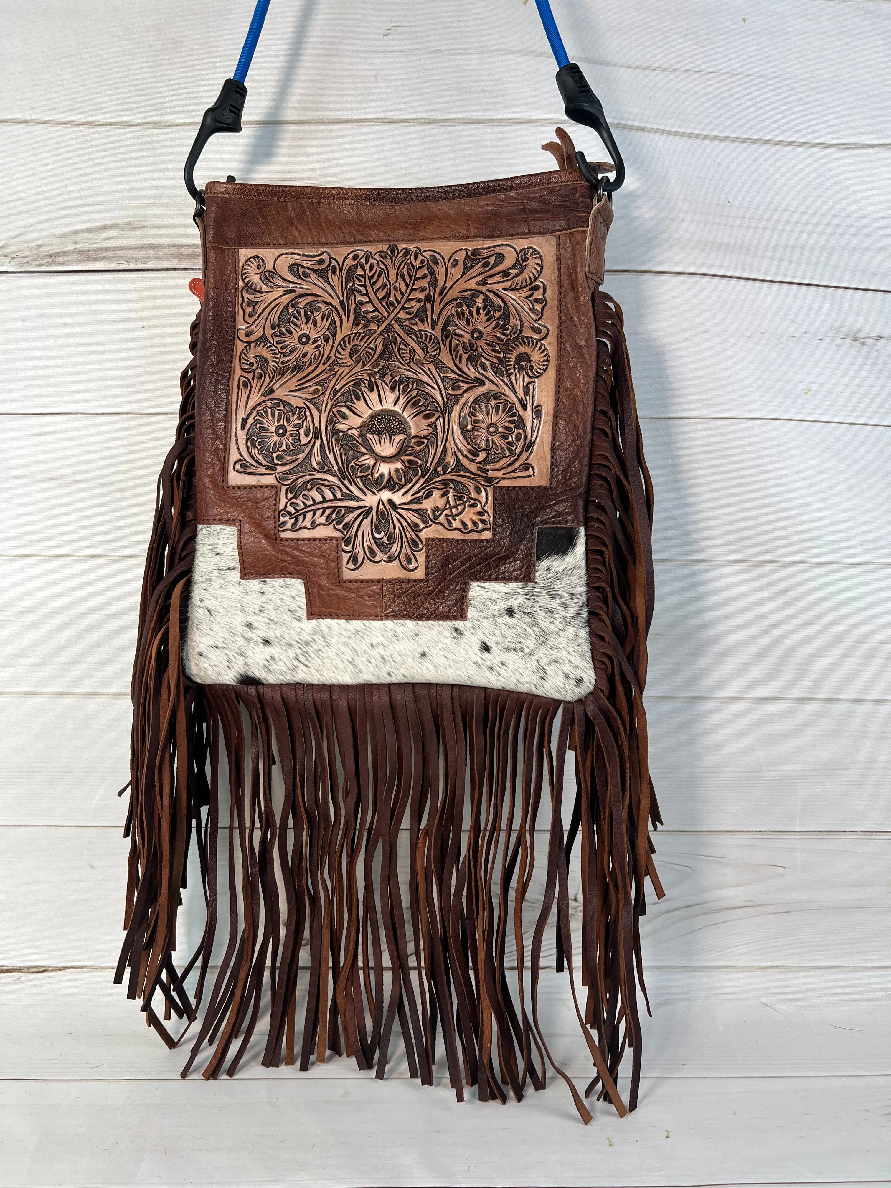 Country Hide & Floral Tooled, Fringe Chocolate Leather Bag