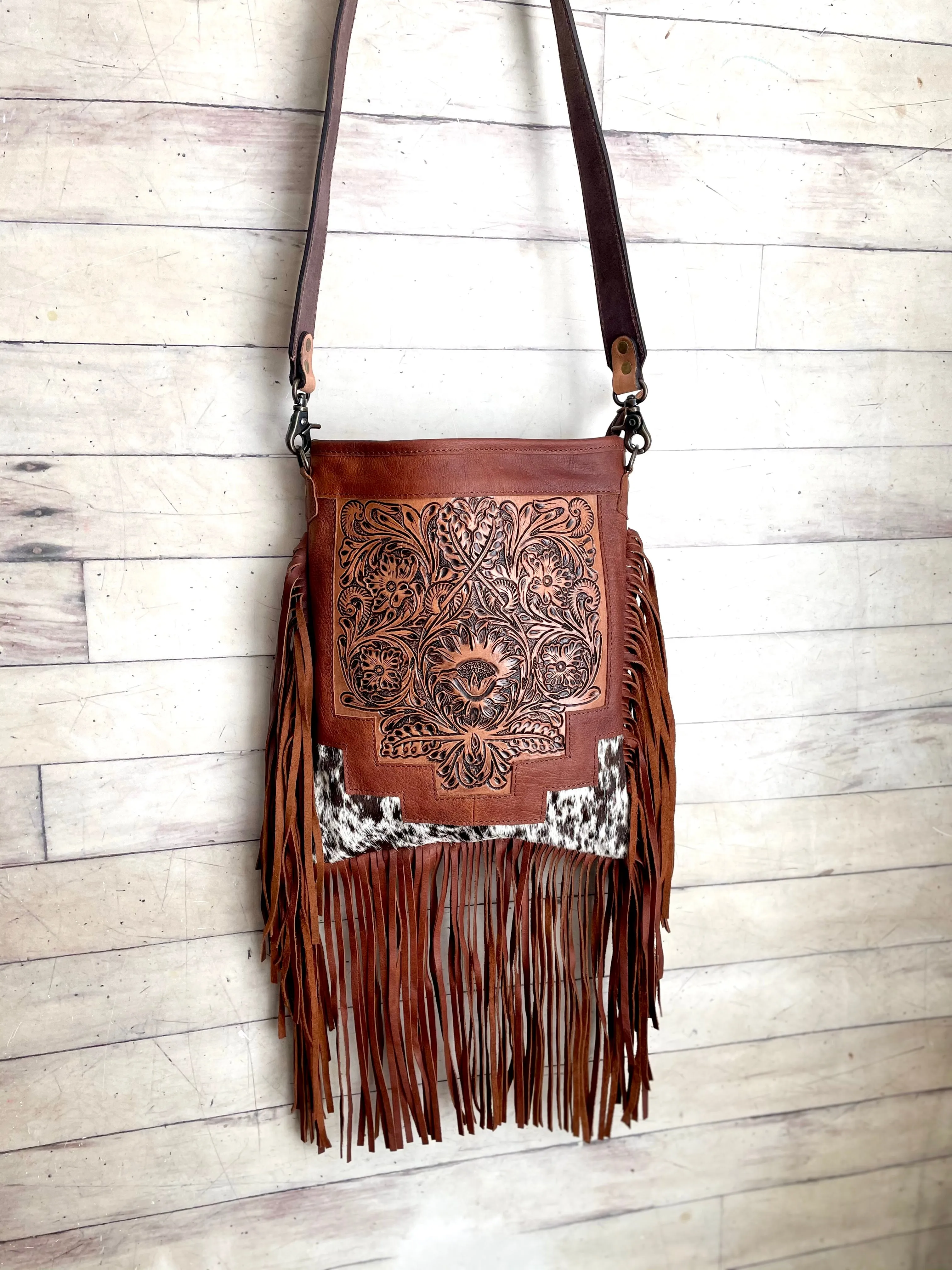Country Hide & Floral Tooled, Fringe Chocolate Leather Bag