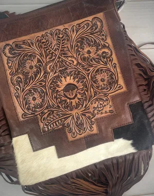 Country Hide & Floral Tooled, Fringe Chocolate Leather Bag