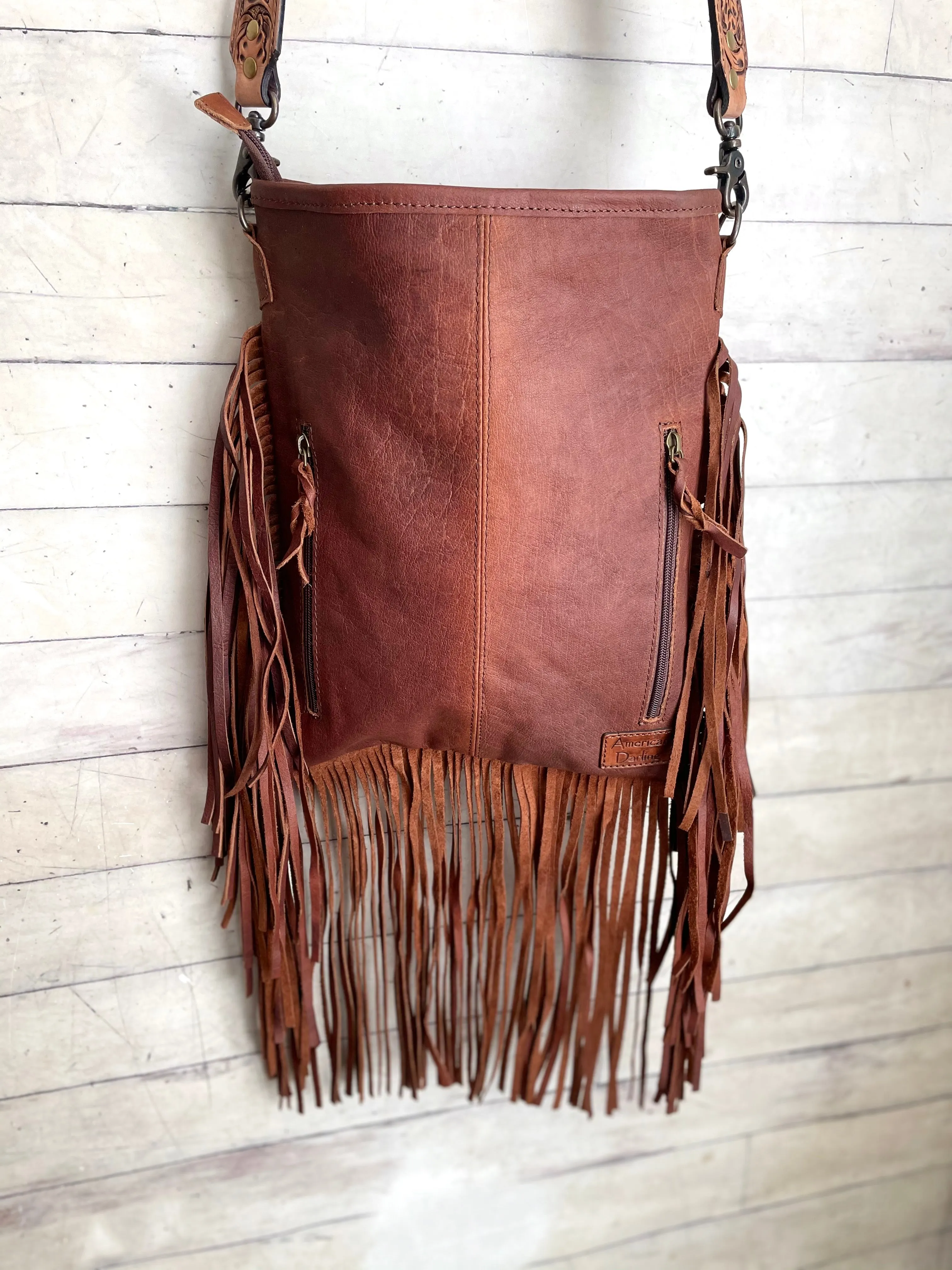 Country Hide & Floral Tooled, Fringe Chocolate Leather Bag