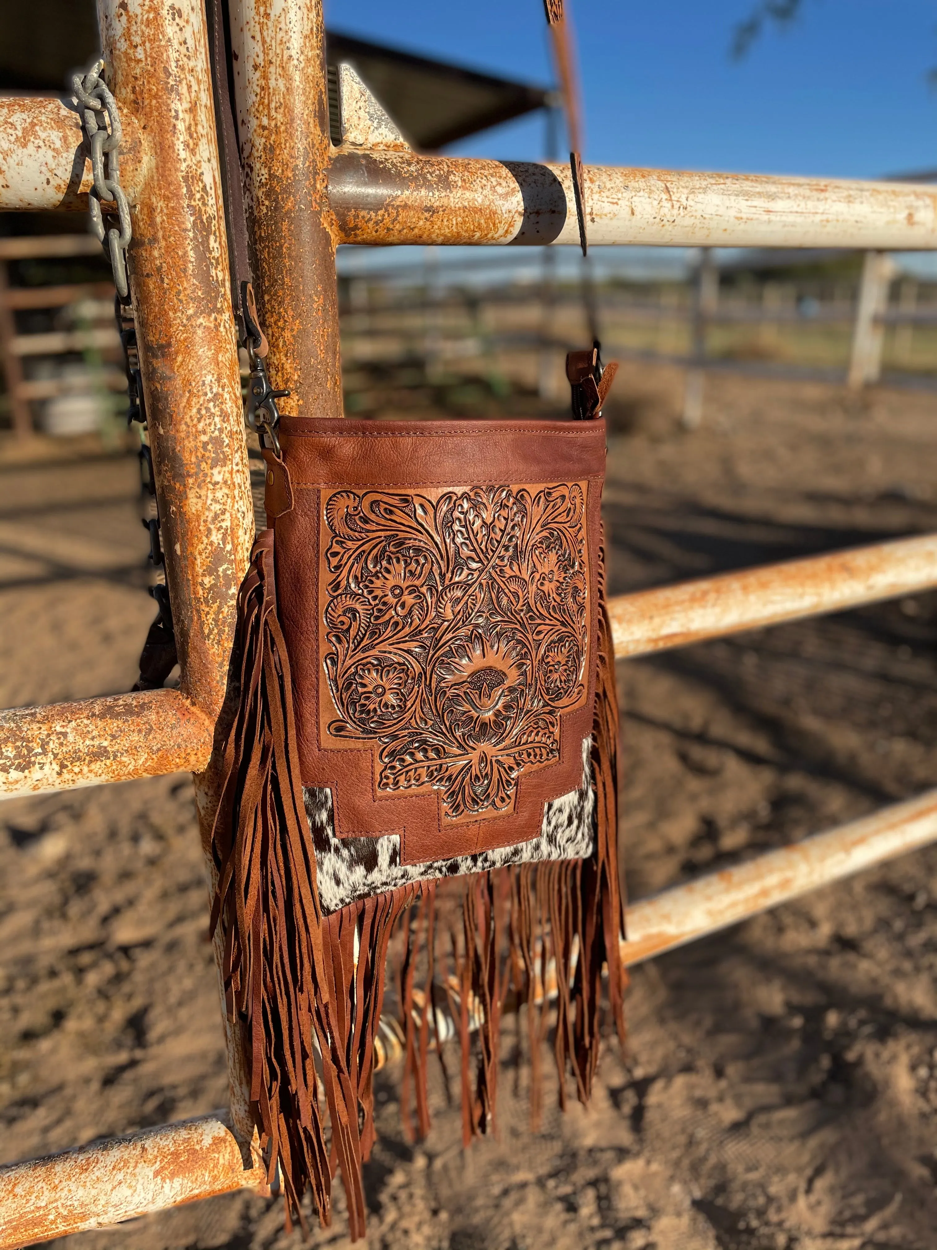 Country Hide & Floral Tooled, Fringe Chocolate Leather Bag