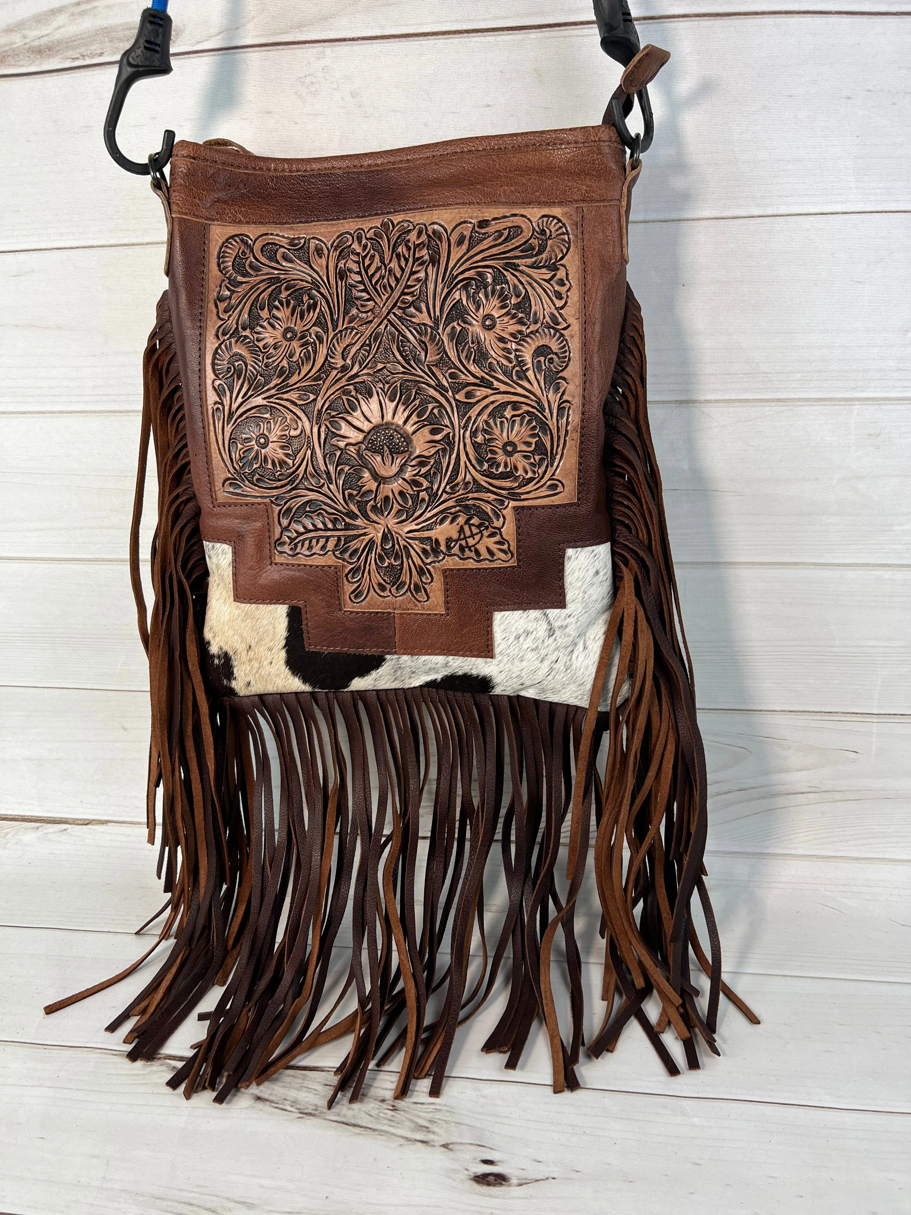 Country Hide & Floral Tooled, Fringe Chocolate Leather Bag