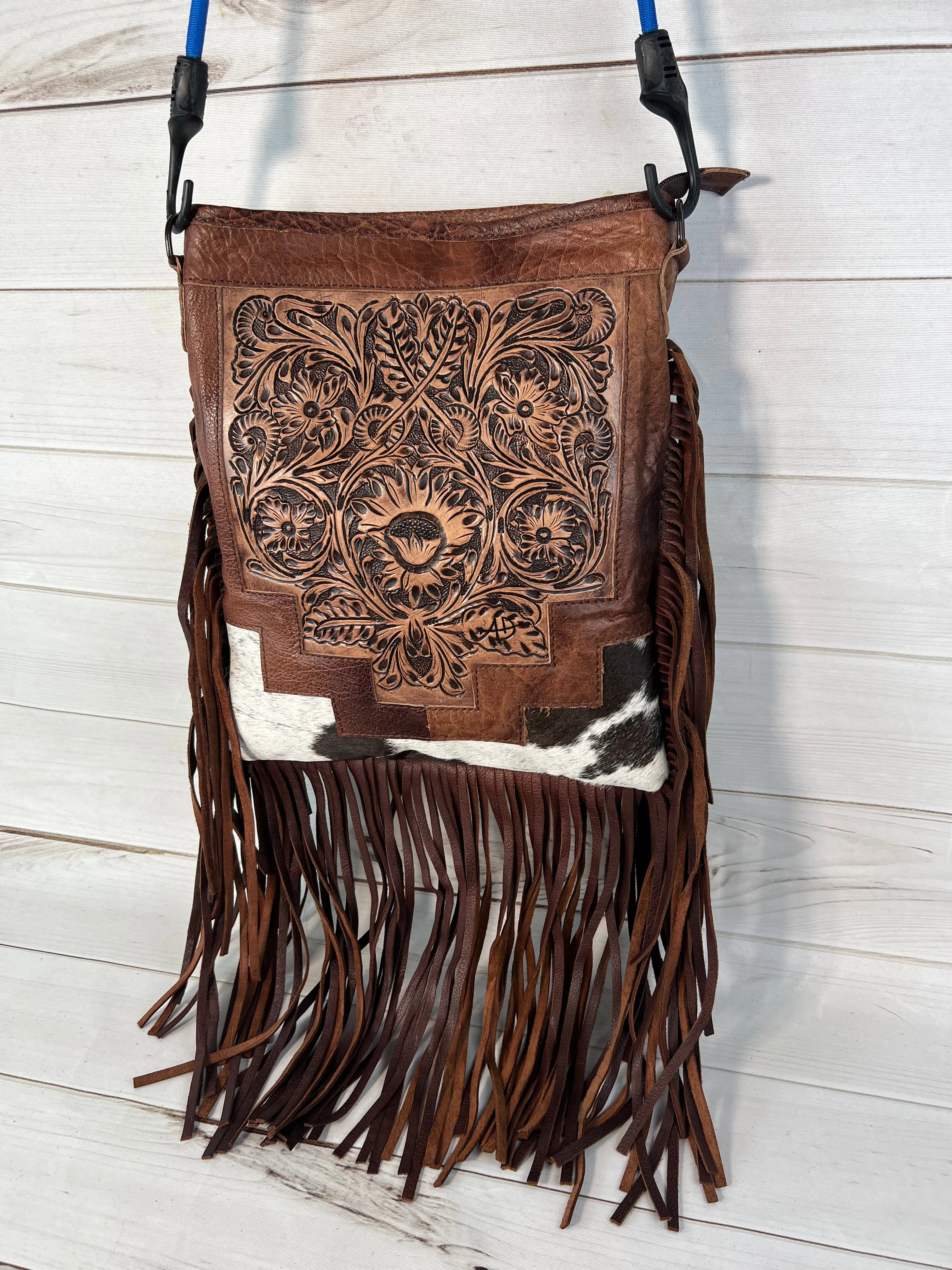 Country Hide & Floral Tooled, Fringe Chocolate Leather Bag