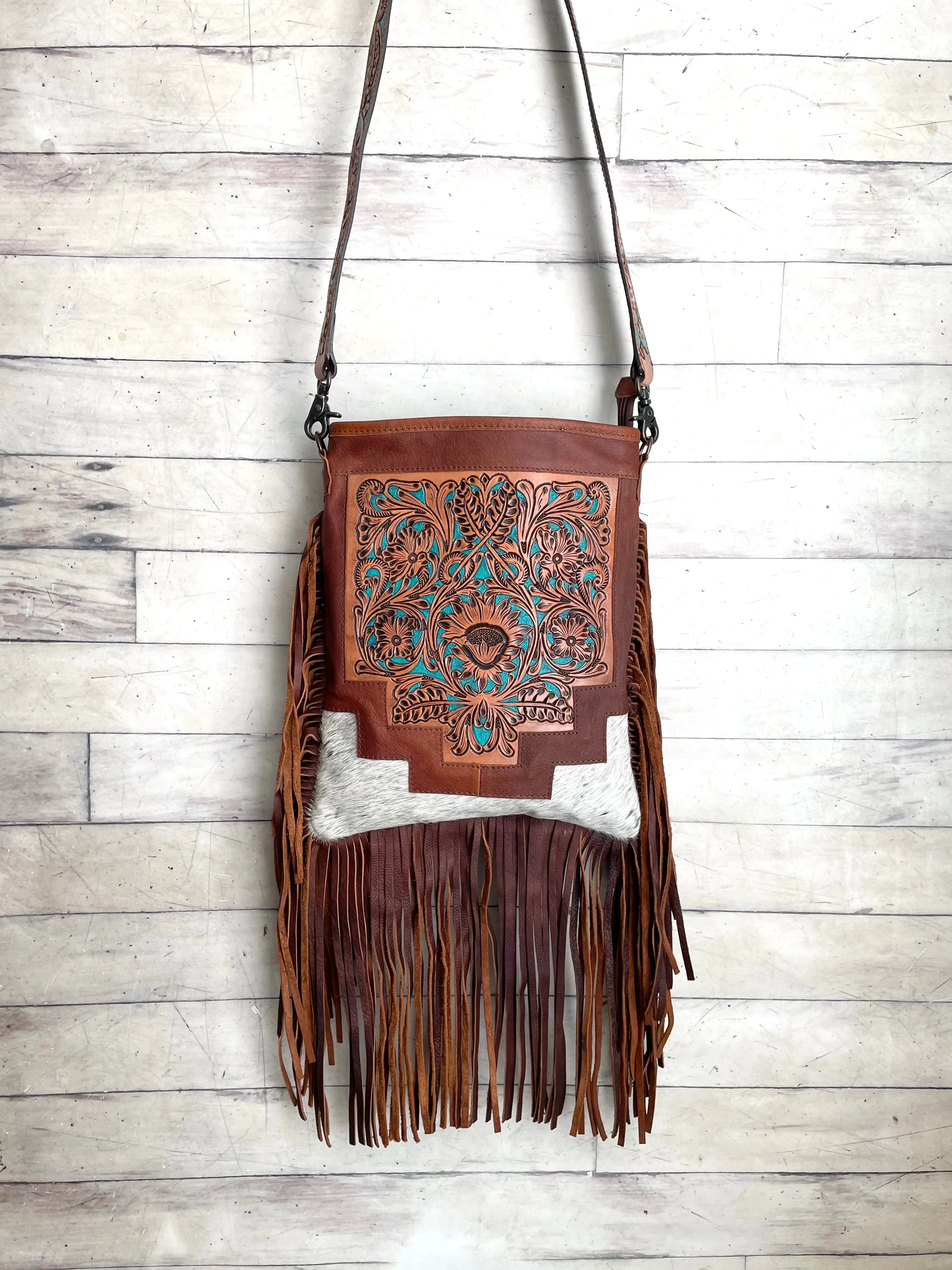 Country Turquoise Floral Tooled Fringe Leather Handbag
