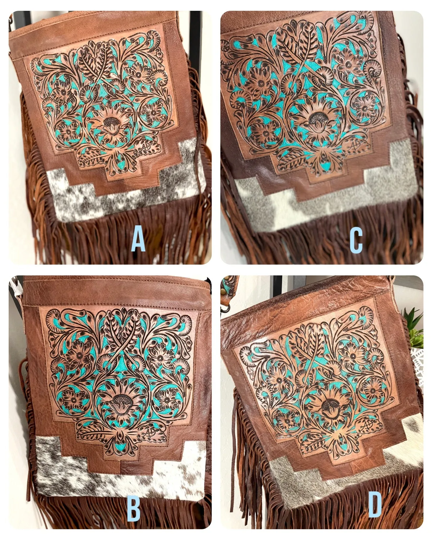 Country Turquoise Floral Tooled Fringe Leather Handbag