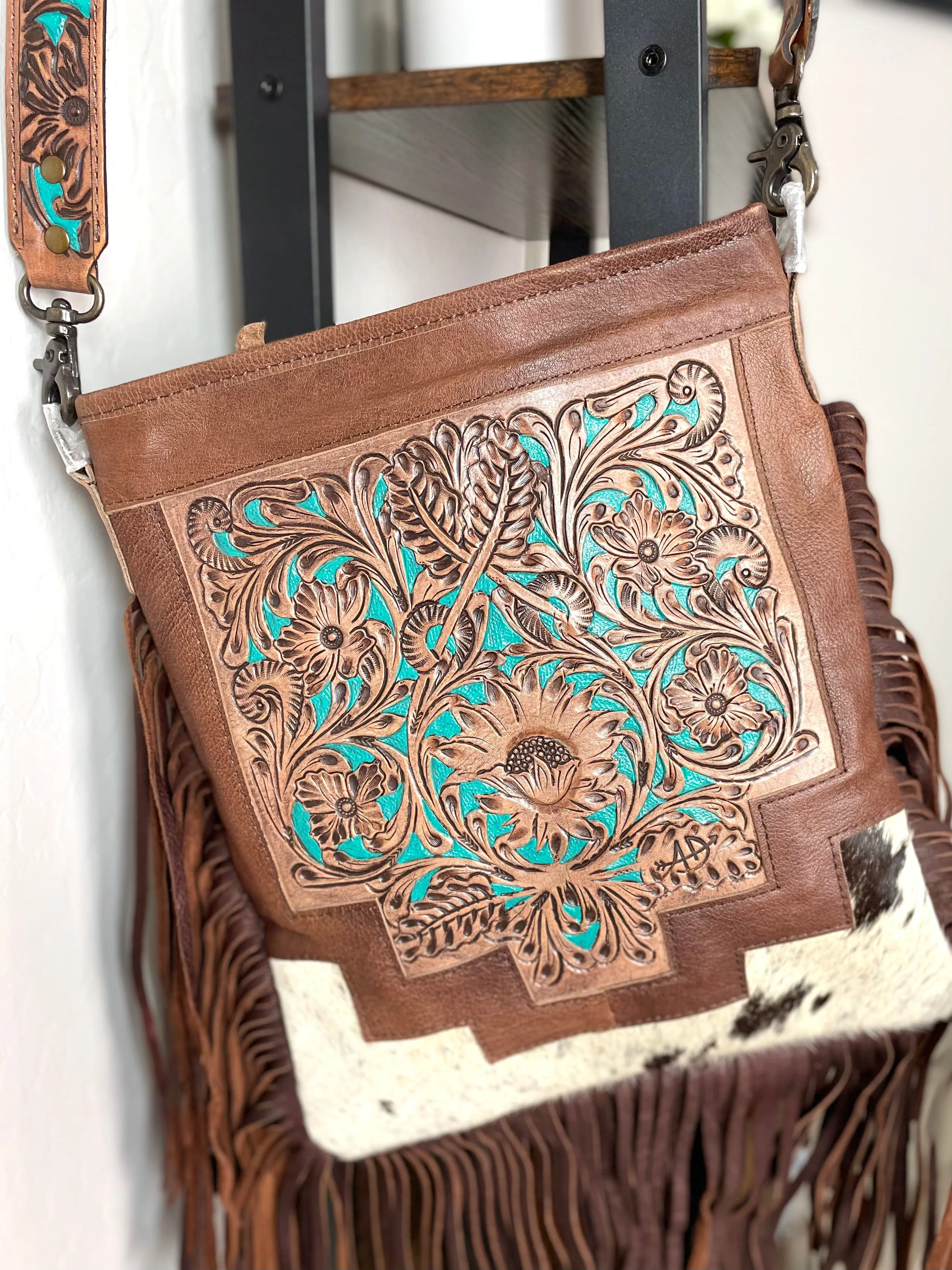 Country Turquoise Floral Tooled Fringe Leather Handbag