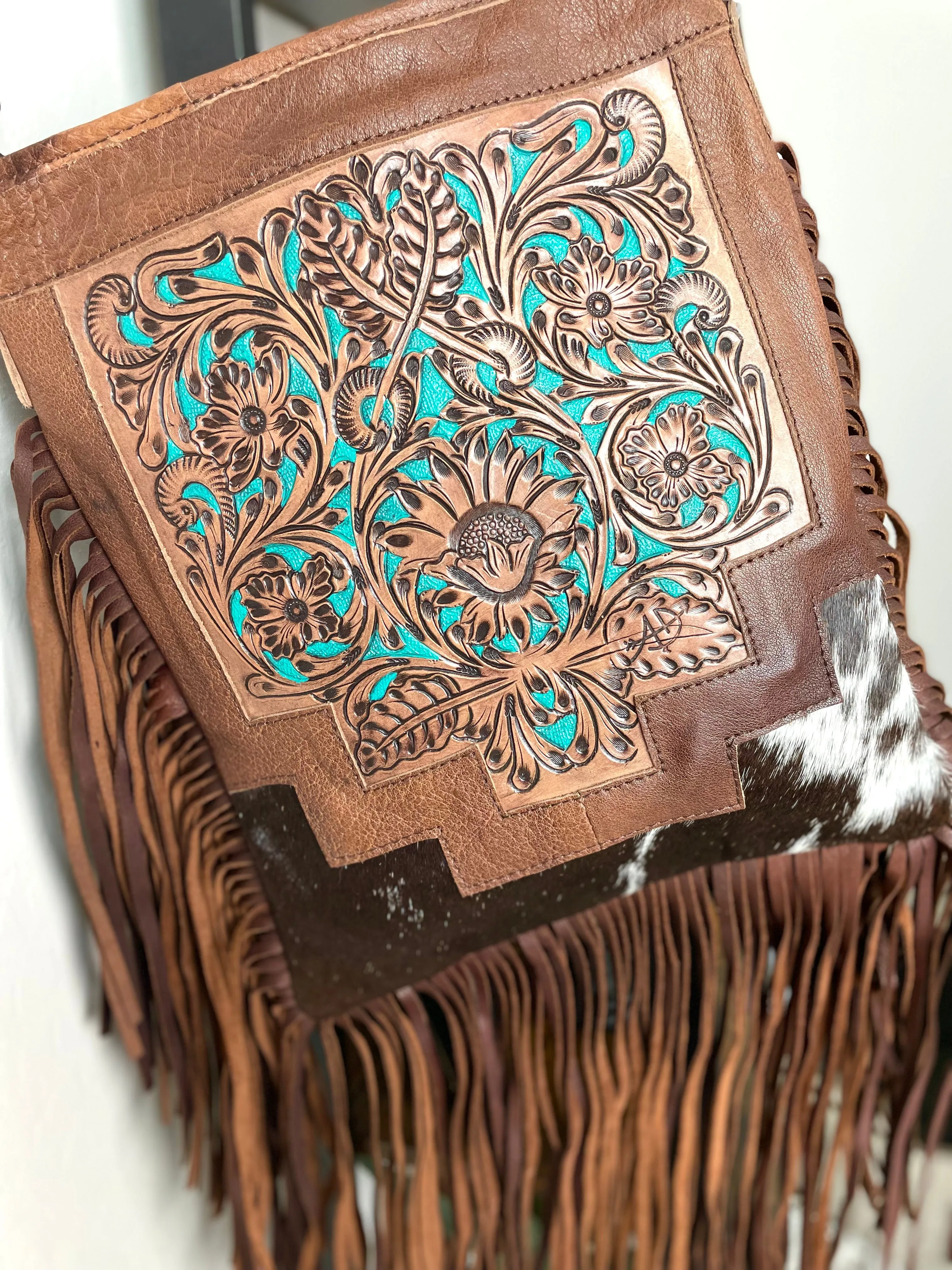 Country Turquoise Floral Tooled Fringe Leather Handbag
