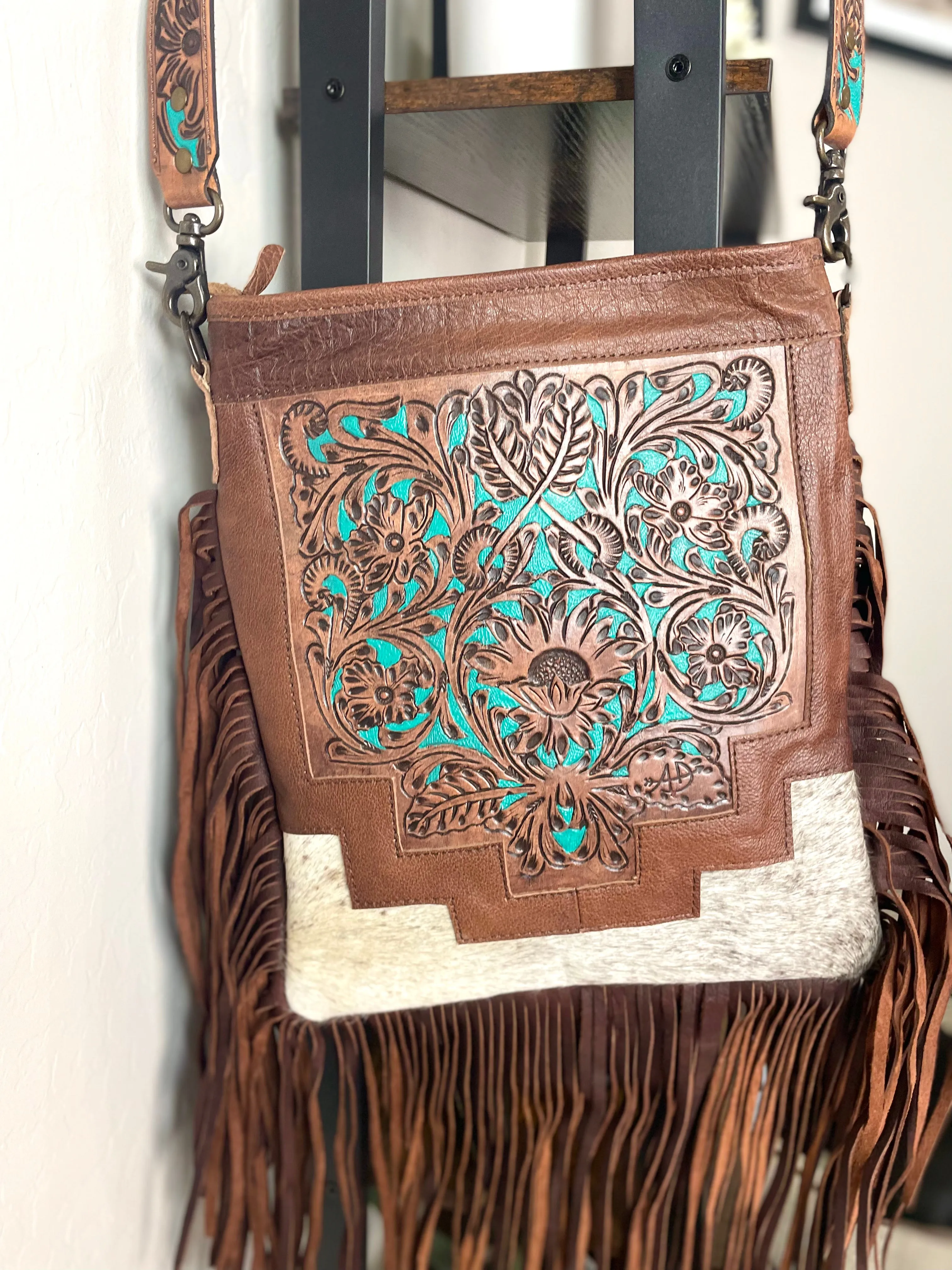Country Turquoise Floral Tooled Fringe Leather Handbag