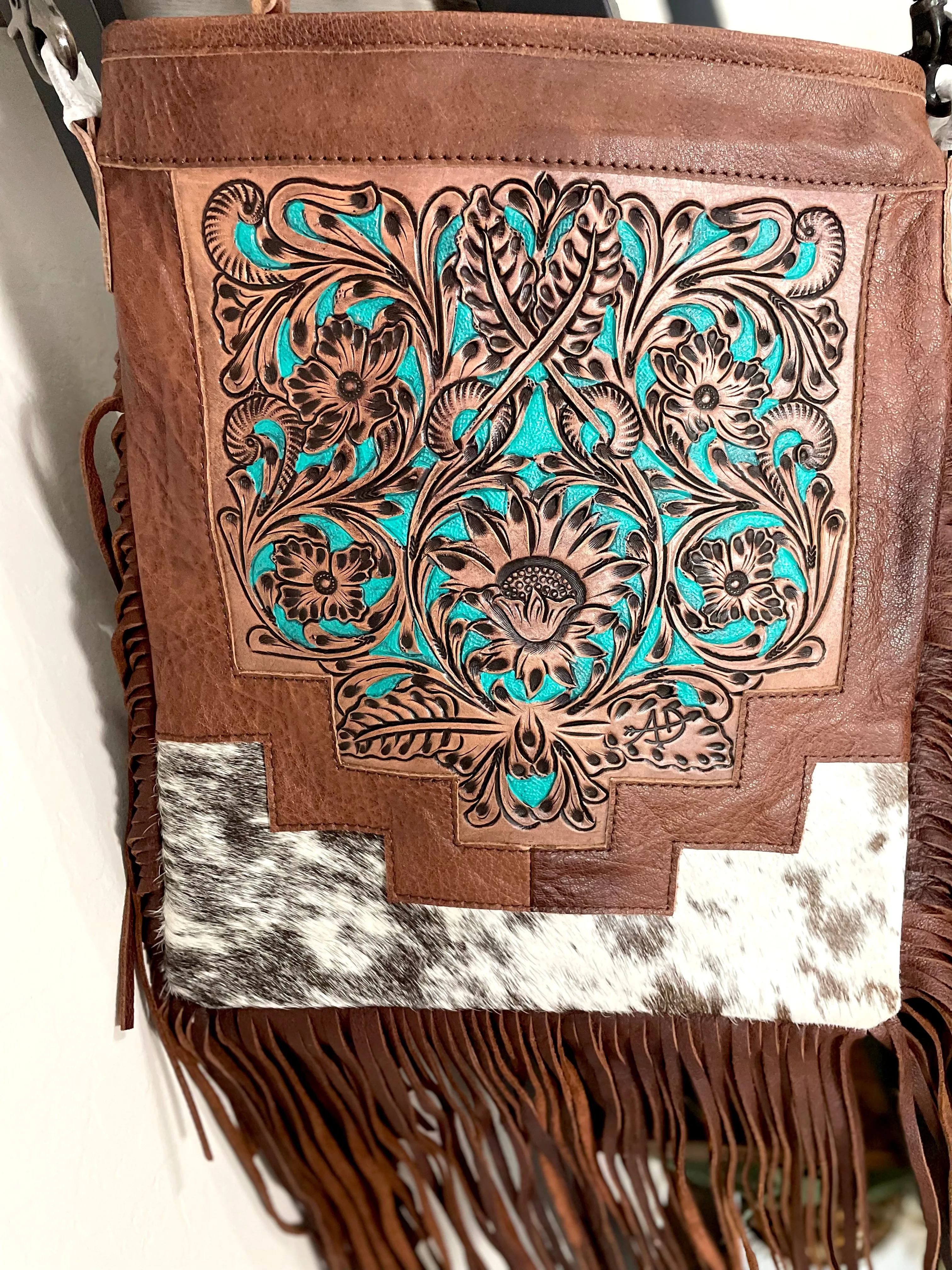 Country Turquoise Floral Tooled Fringe Leather Handbag