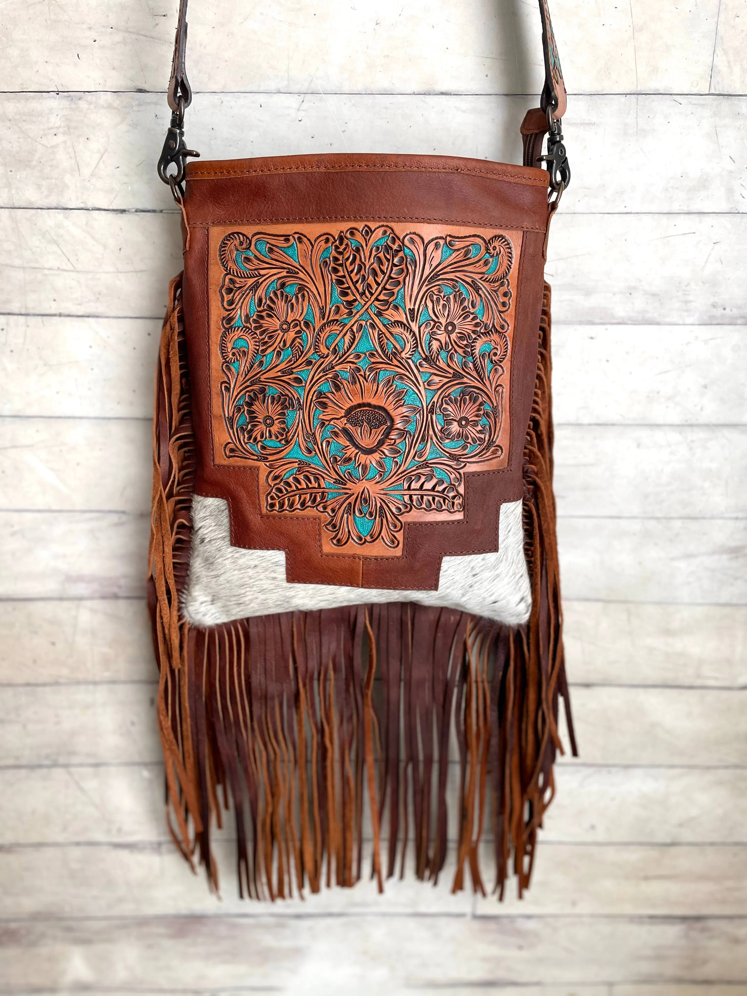 Country Turquoise Floral Tooled Fringe Leather Handbag