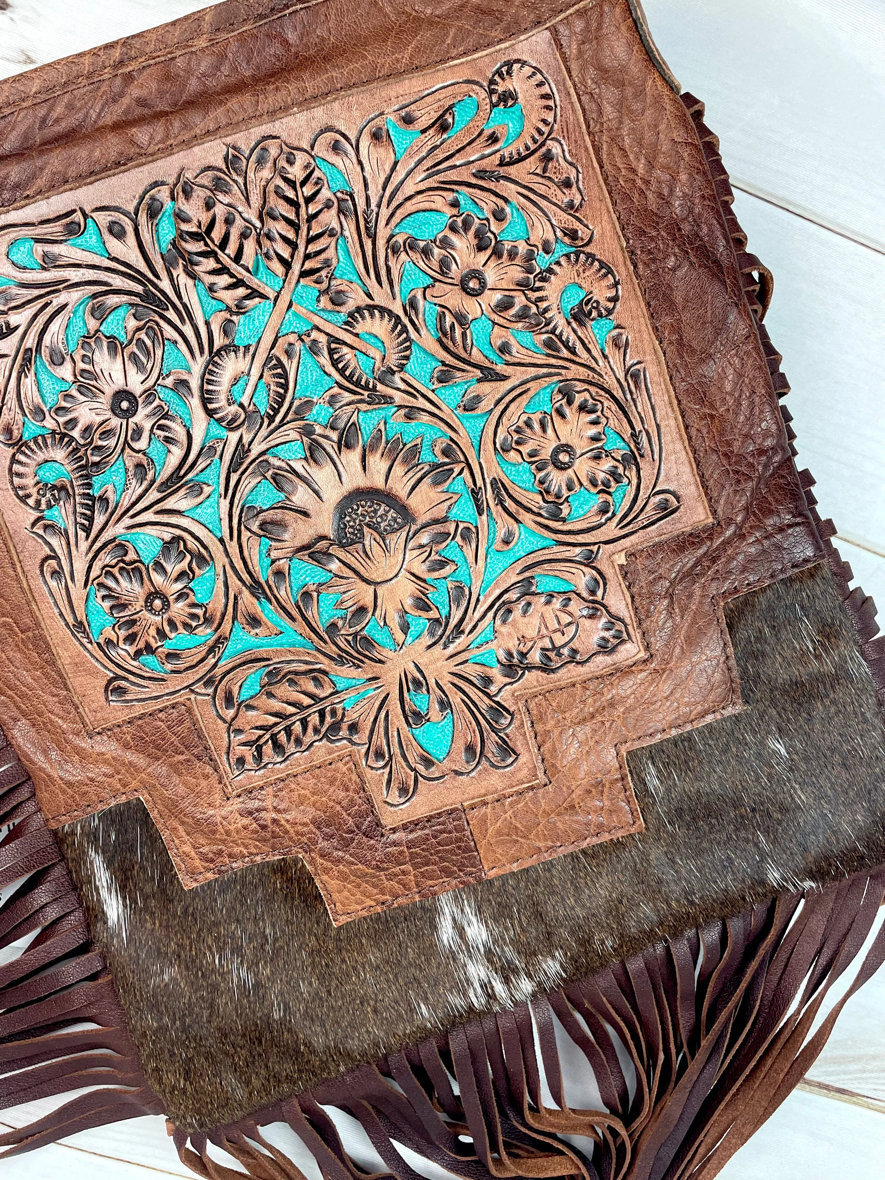 Country Turquoise Floral Tooled Fringe Leather Handbag