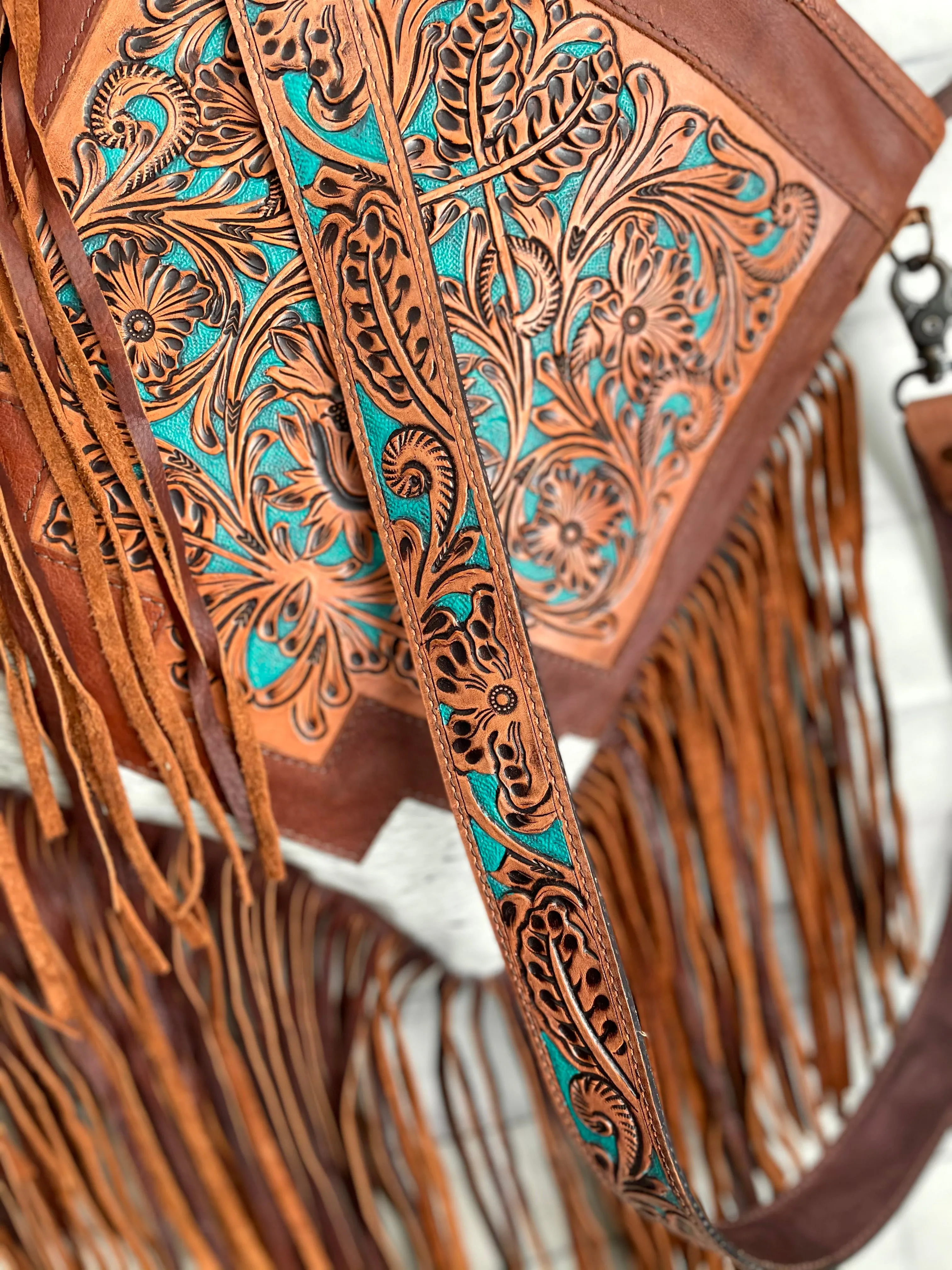 Country Turquoise Floral Tooled Fringe Leather Handbag