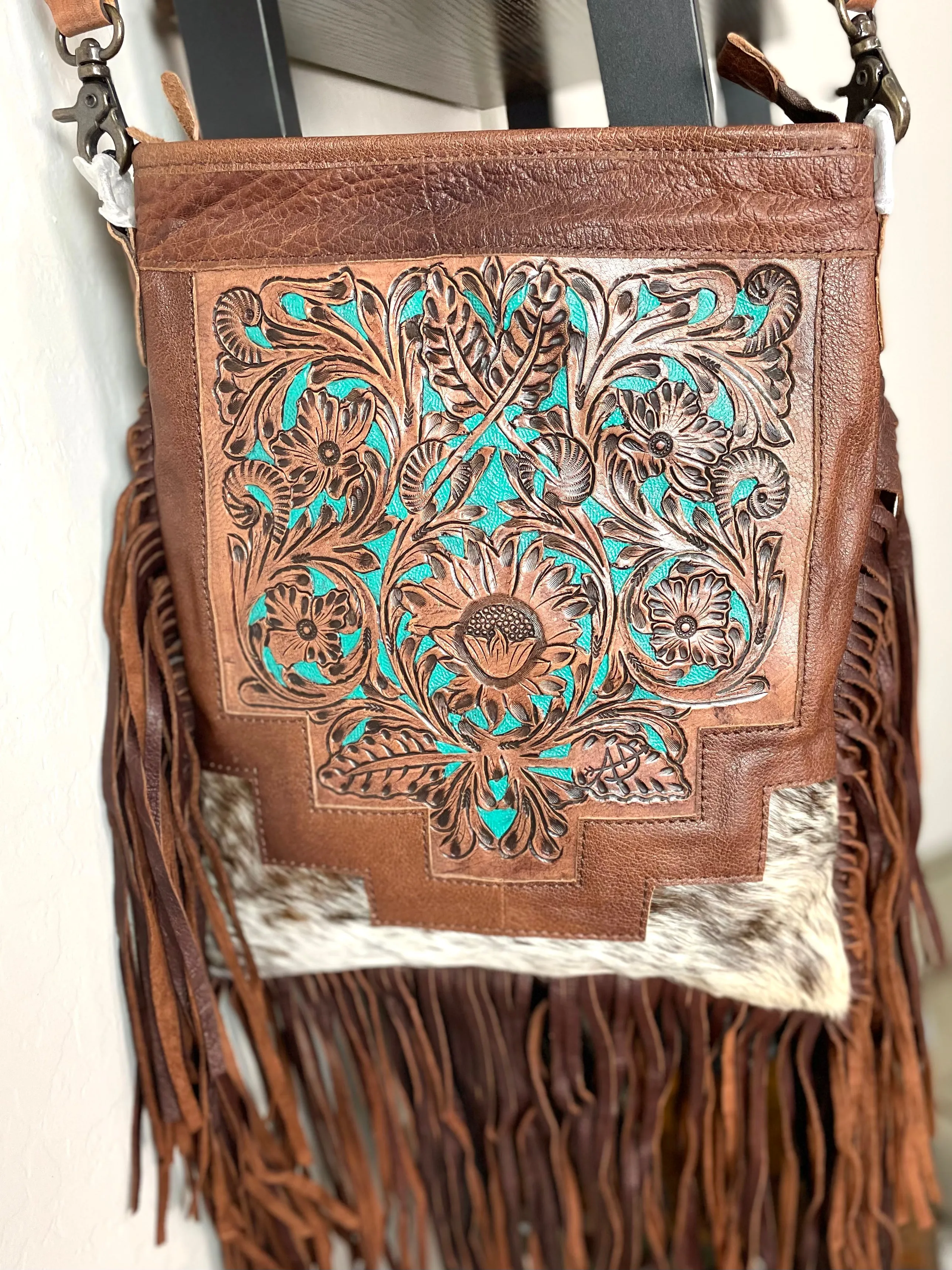 Country Turquoise Floral Tooled Fringe Leather Handbag