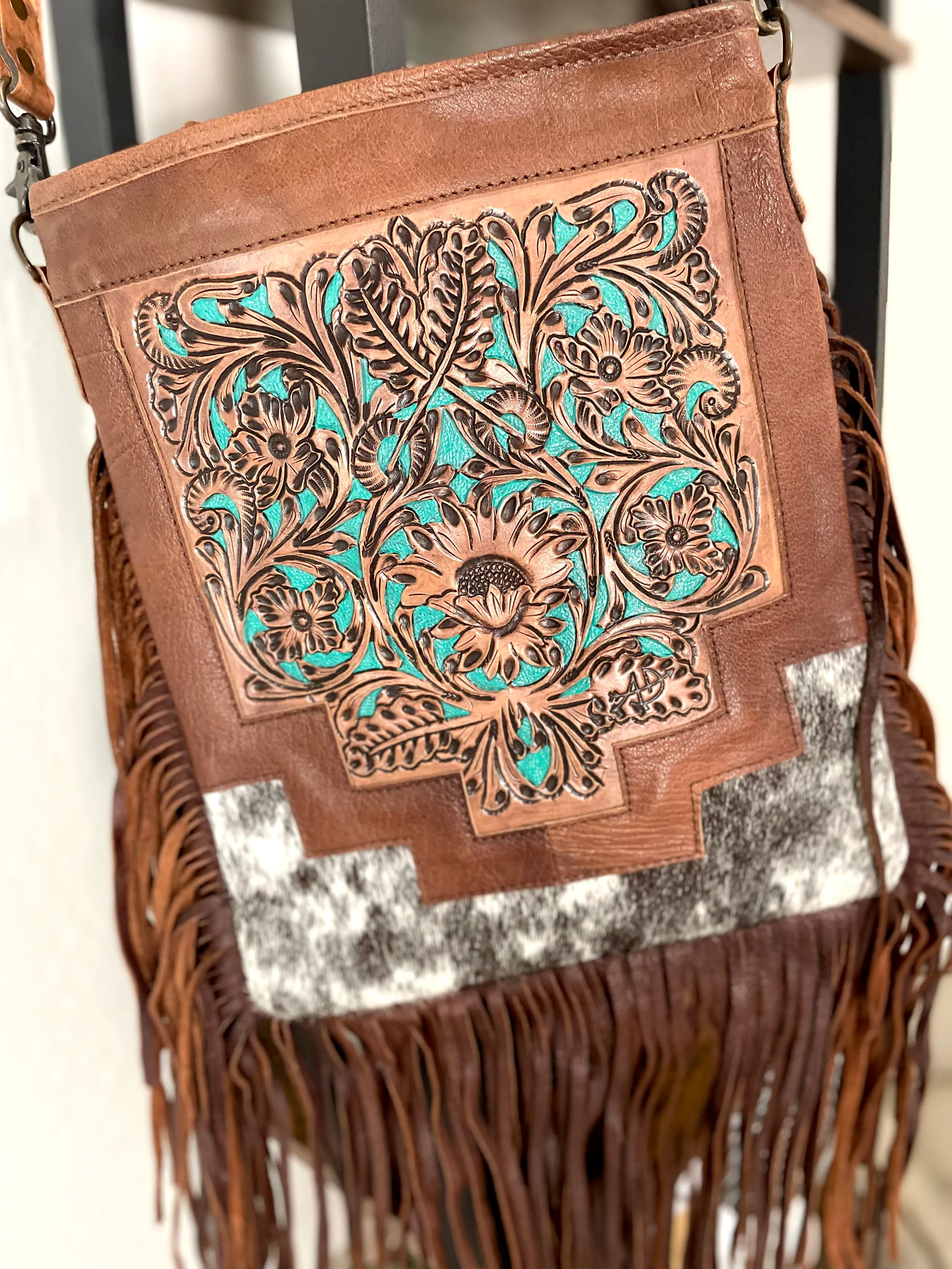 Country Turquoise Floral Tooled Fringe Leather Handbag