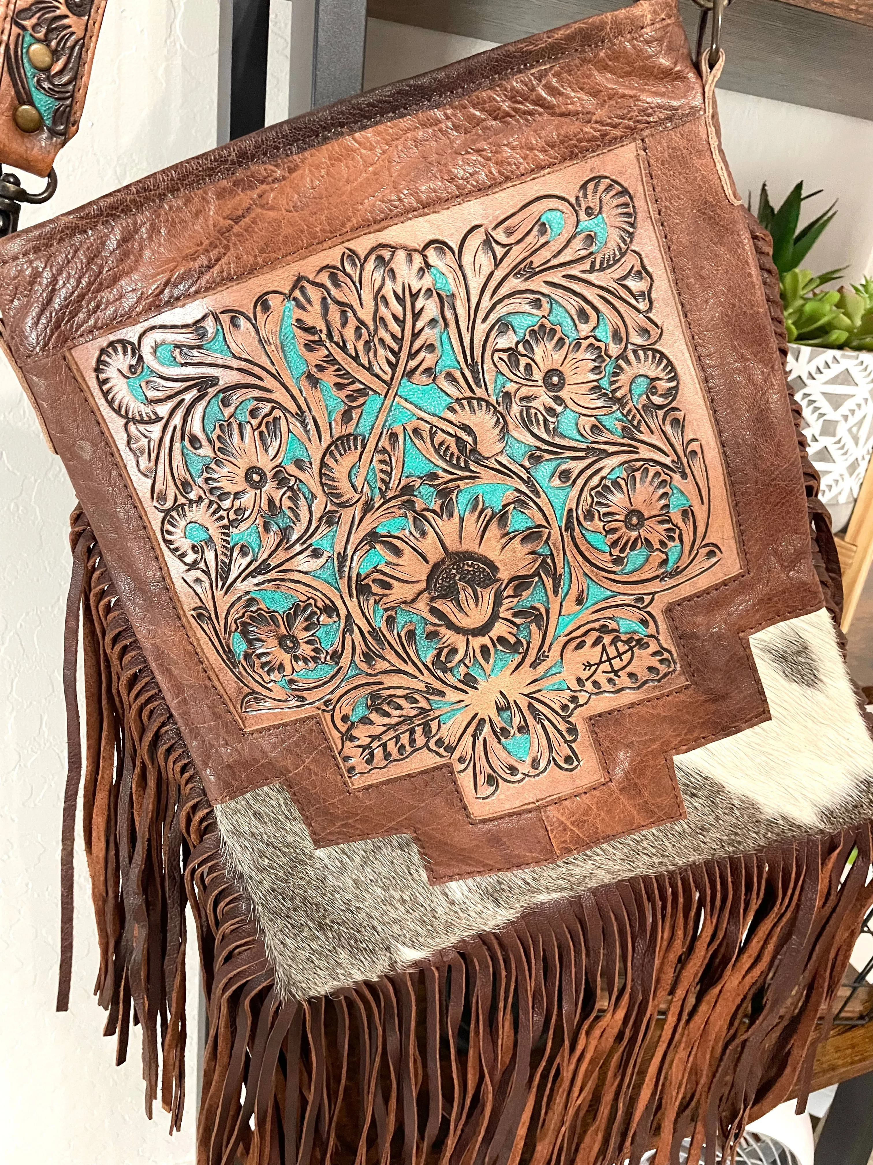 Country Turquoise Floral Tooled Fringe Leather Handbag