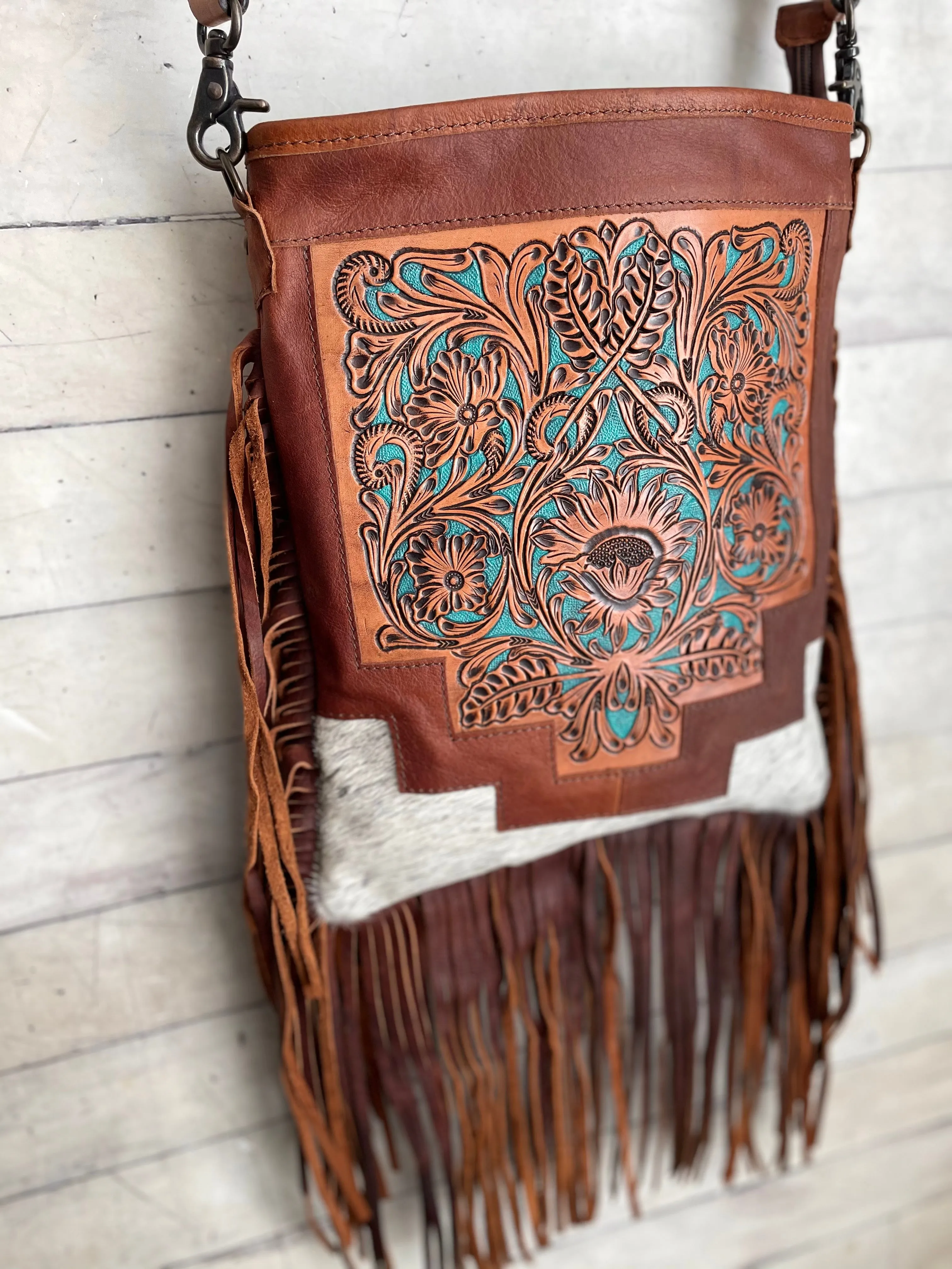 Country Turquoise Floral Tooled Fringe Leather Handbag