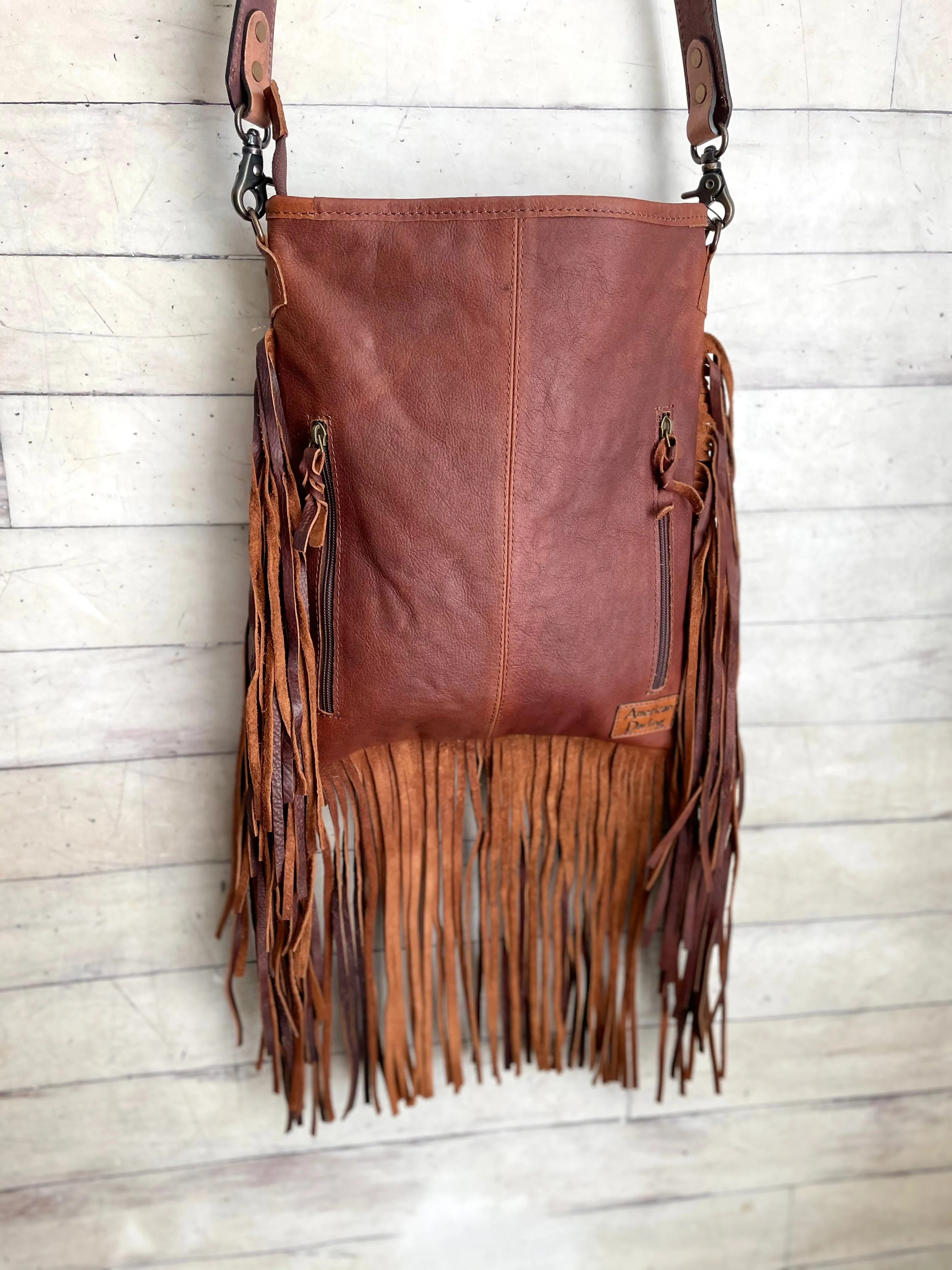 Country Turquoise Floral Tooled Fringe Leather Handbag