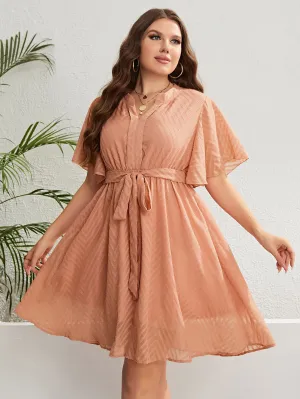 Curves Tie Waist Notched Neck Flutter Sleeve Dress