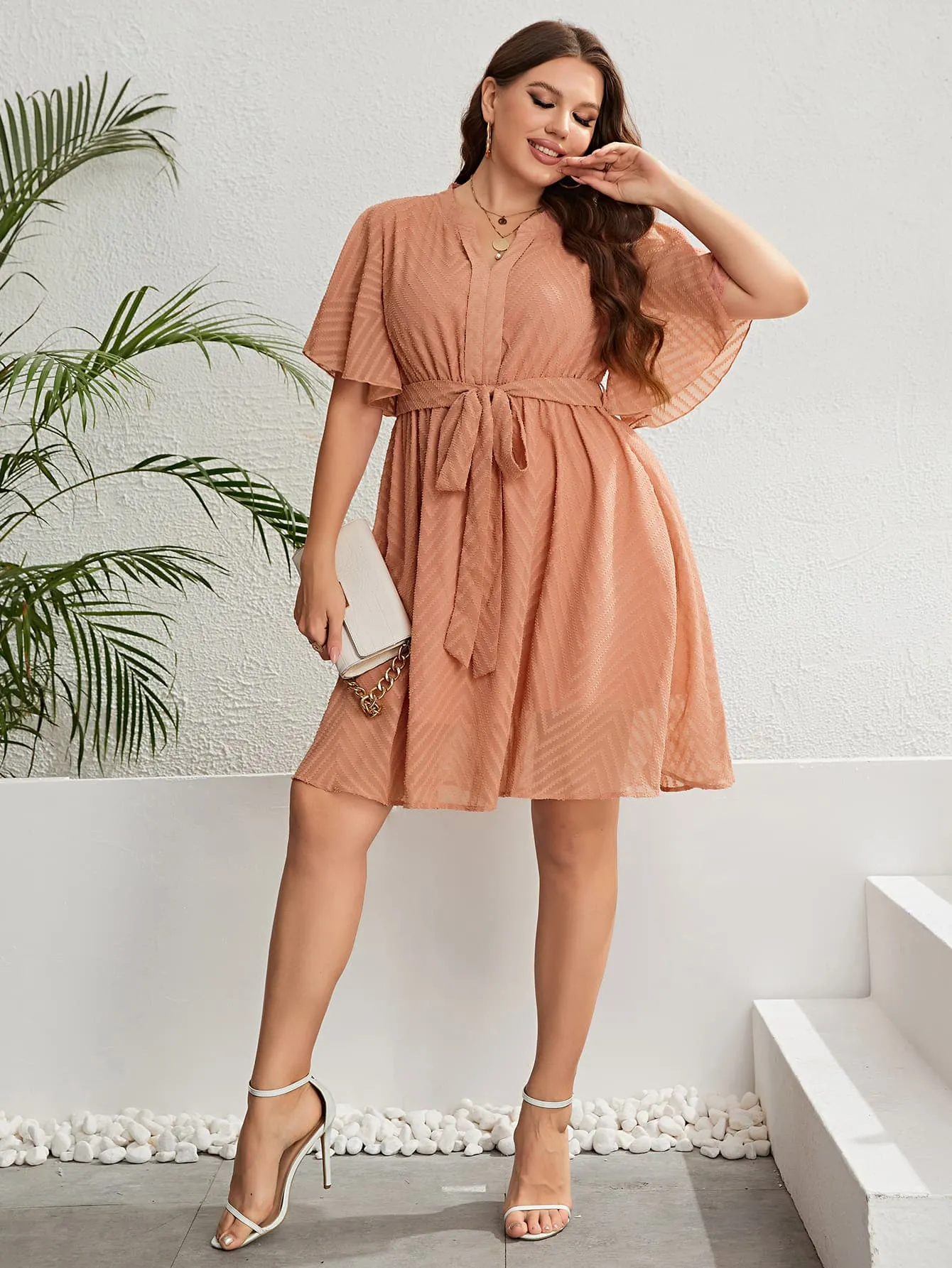 Curves Tie Waist Notched Neck Flutter Sleeve Dress