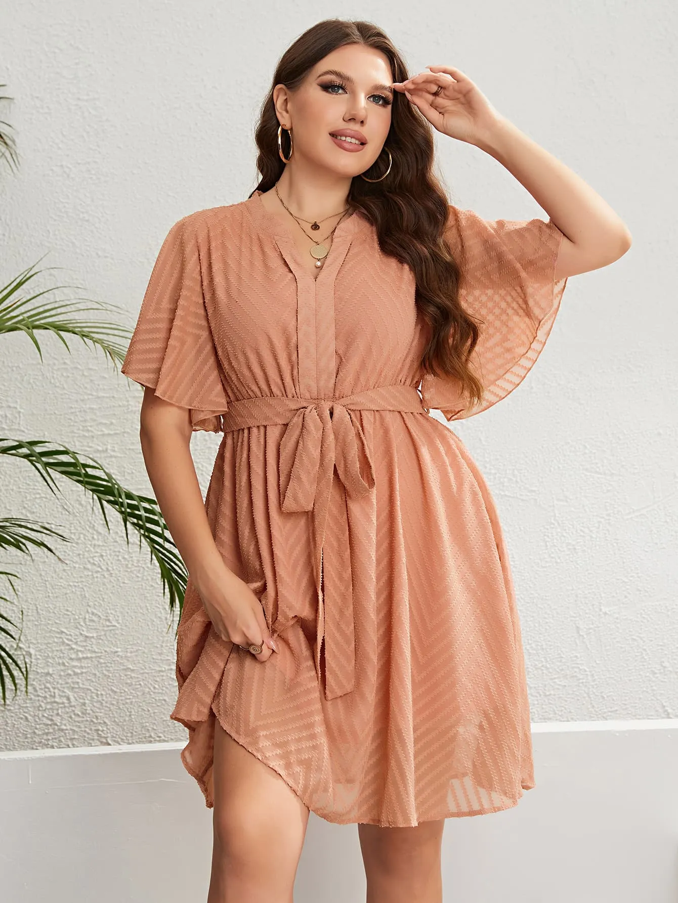 Curves Tie Waist Notched Neck Flutter Sleeve Dress