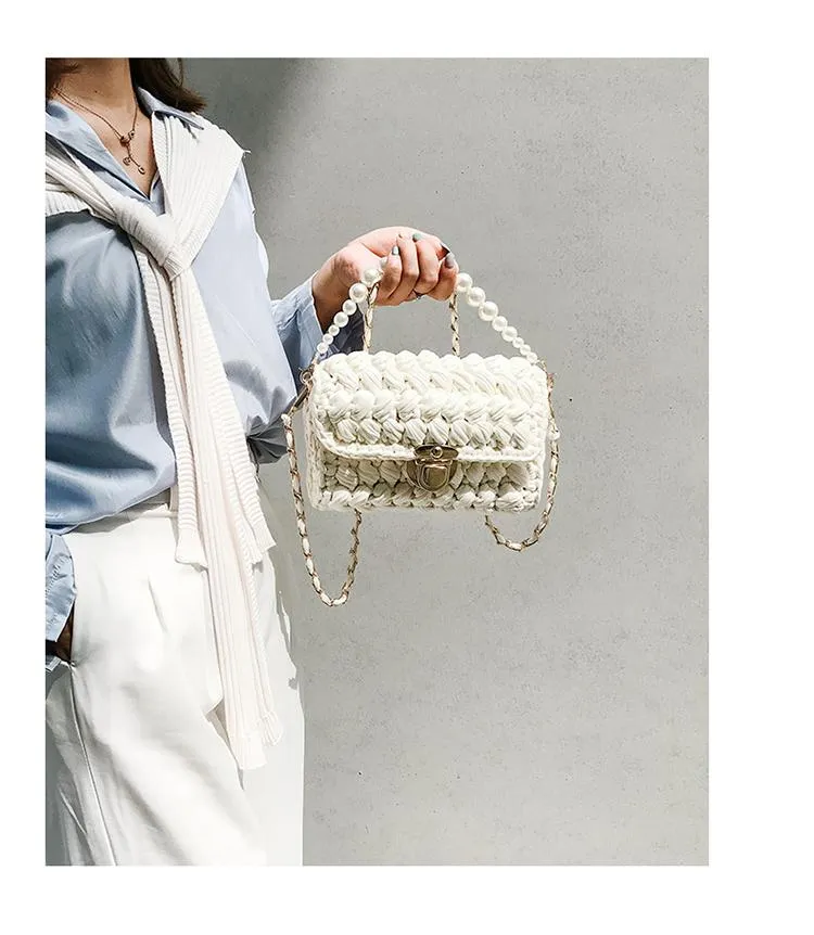 Cute Beige Crochet Small Handbag Crossbody Purse Crochet Shoulder Bag for Girl Cute Crochet Purses