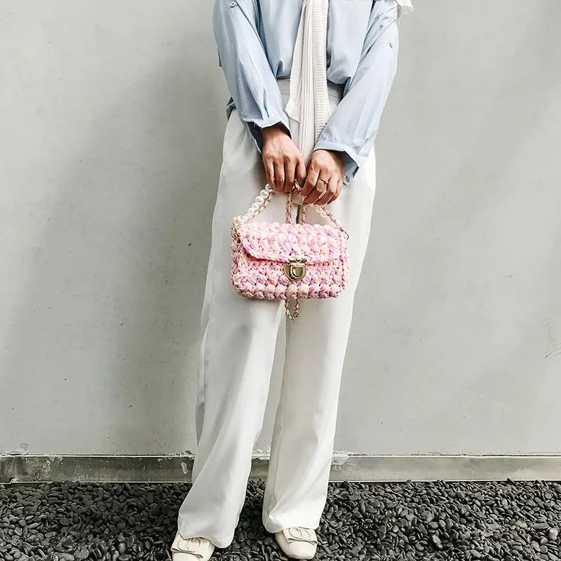 Cute Beige Crochet Small Handbag Crossbody Purse Crochet Shoulder Bag for Girl Cute Crochet Purses