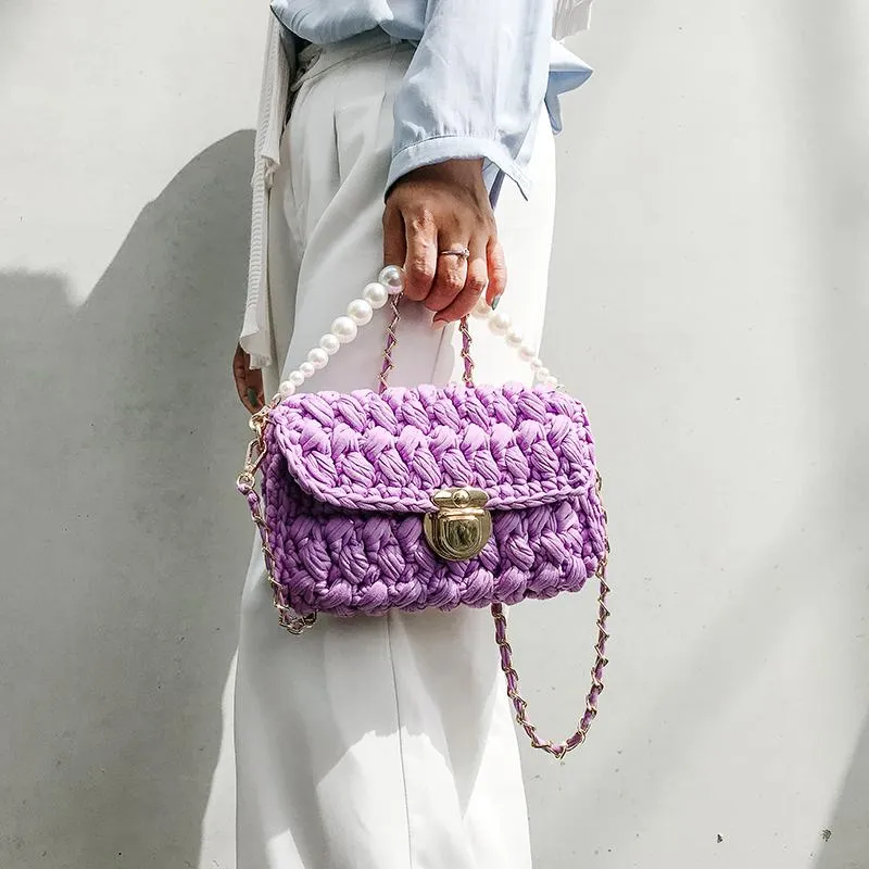 Cute Beige Crochet Small Handbag Crossbody Purse Crochet Shoulder Bag for Girl Cute Crochet Purses