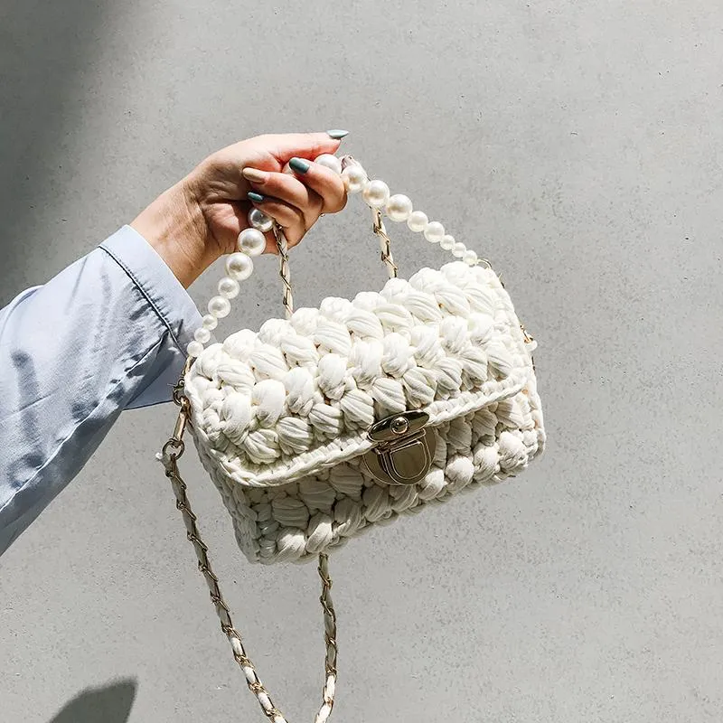 Cute Beige Crochet Small Handbag Crossbody Purse Crochet Shoulder Bag for Girl Cute Crochet Purses