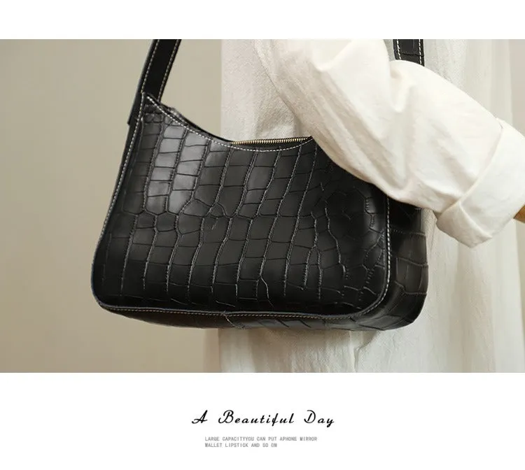 Cute LEATHER Side Bag Black WOMEN SHOULDER BAG Crocodile Handbag Purse FOR WOMEN