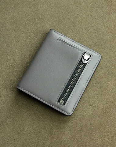 Cute Women Light Gray Leather Small Bifold Wallet Billfold Wallet with Coin Pocket For Women