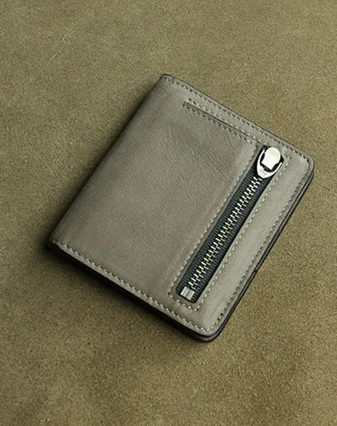 Cute Women Light Gray Leather Small Bifold Wallet Billfold Wallet with Coin Pocket For Women