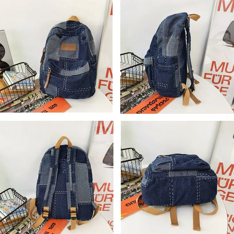 Cyflymder New Women Denim Vintage College Backpack Lady Leisure Retro Trendy Female Patchwork Book Bag Fashion Girl Cute Travel School Bag