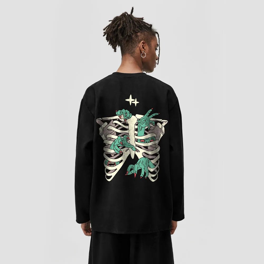Dark Skeleton Hand Graphic Long Sleeve Shirt