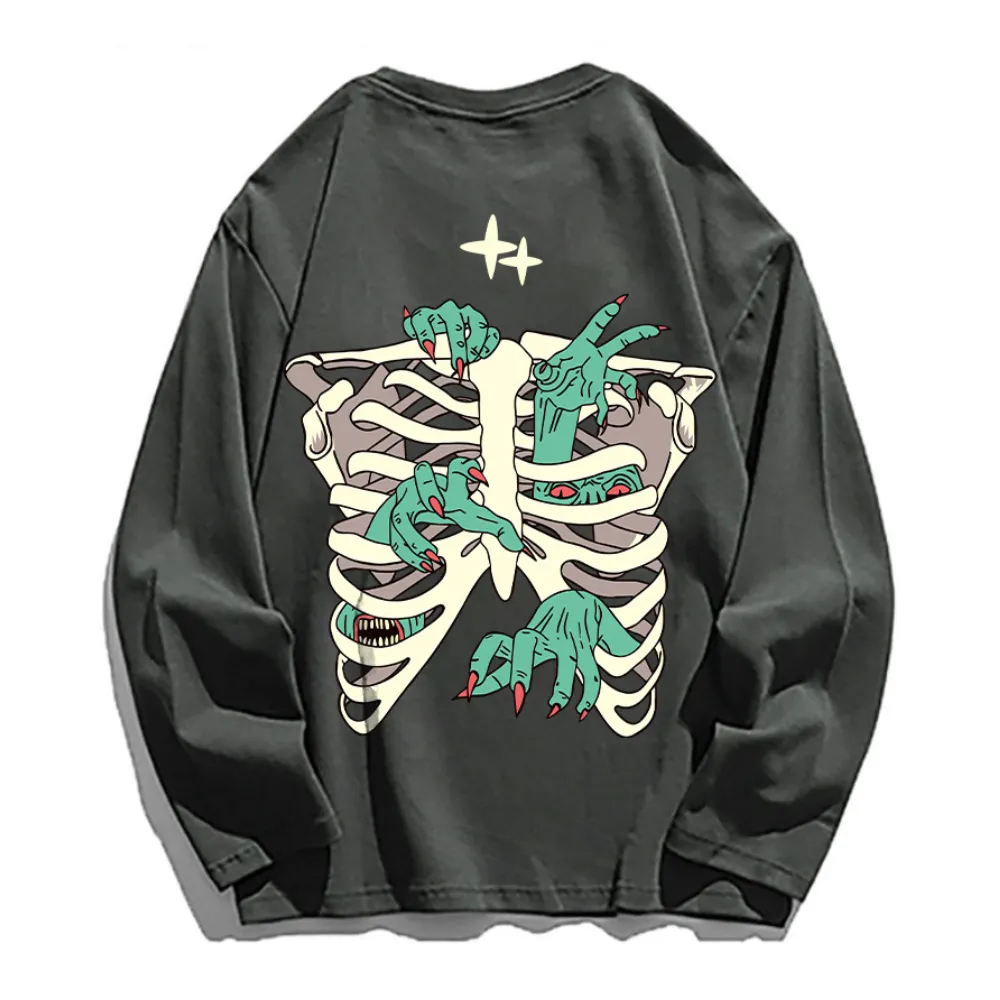 Dark Skeleton Hand Graphic Long Sleeve Shirt