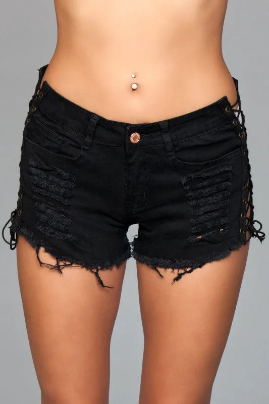 Denim Shorts With Lace Up Side Details and Distressed Details on Front and Back - Large