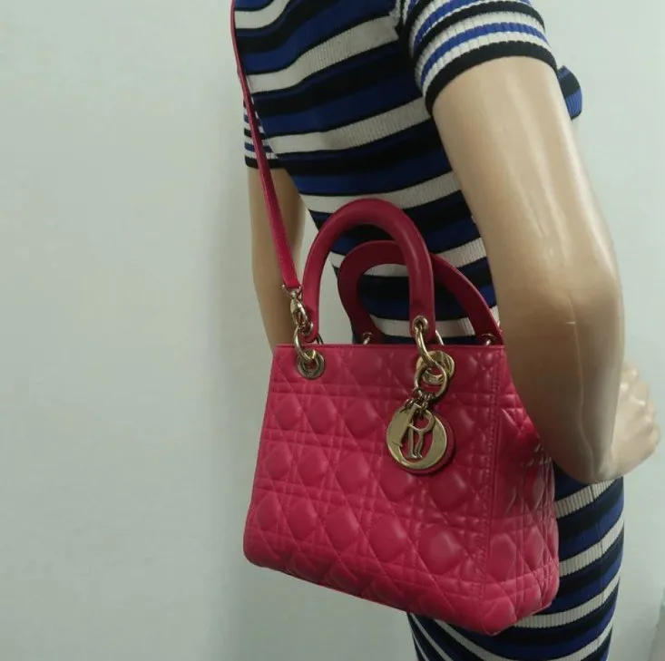 Dior Lady Fuchsia Lambskin Leather Satchel Medium