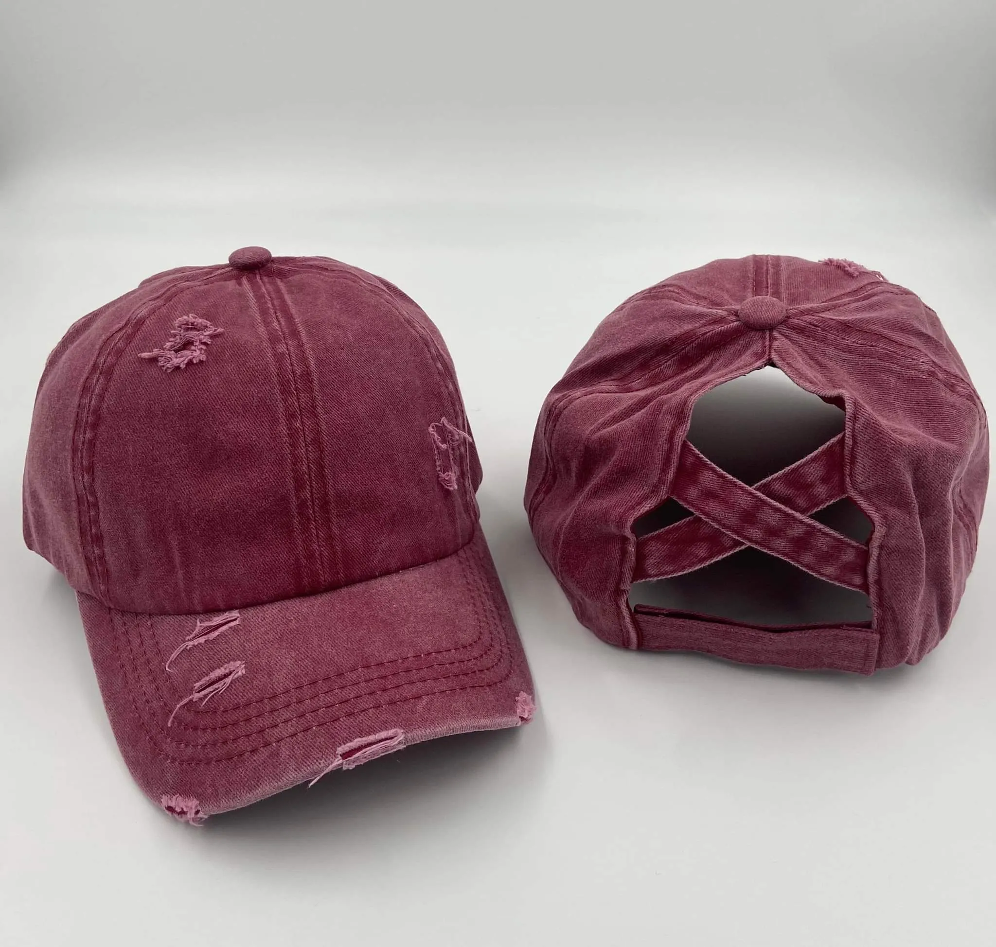 Distressed Cotton Criss Criss Ponytail Hat - 8 color options