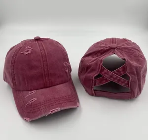 Distressed Cotton Criss Criss Ponytail Hat - 8 color options