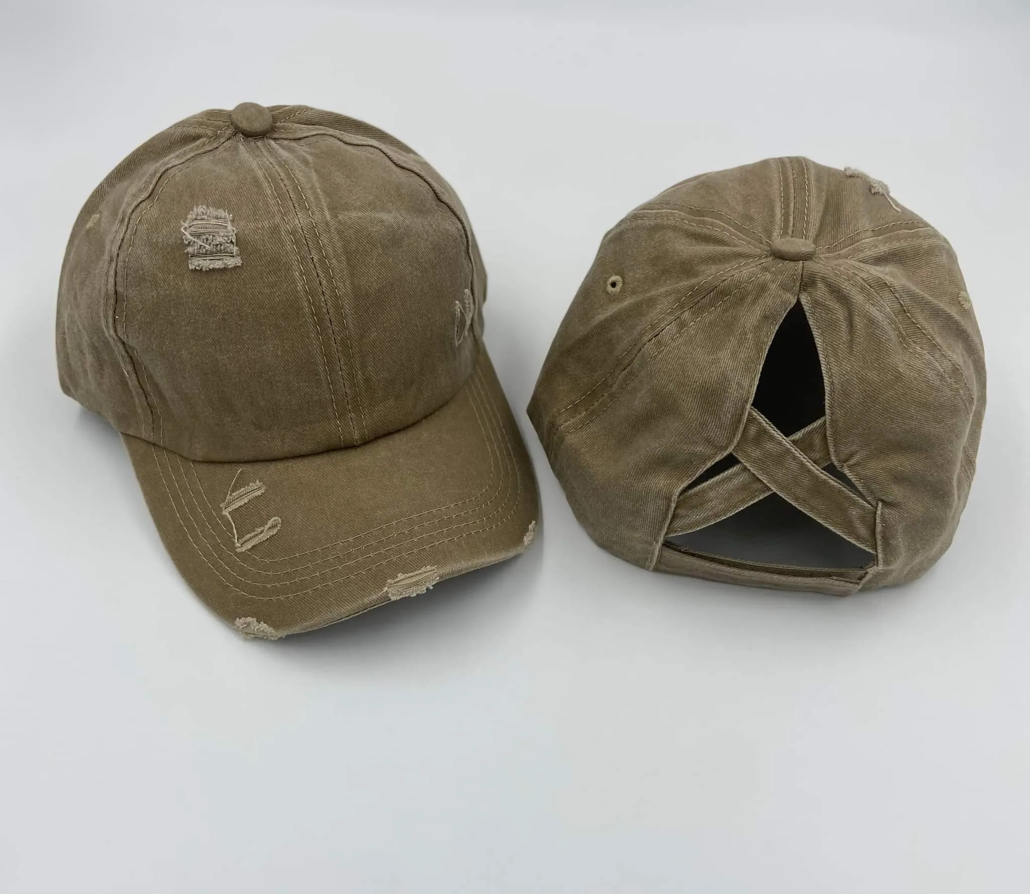 Distressed Cotton Criss Criss Ponytail Hat - 8 color options