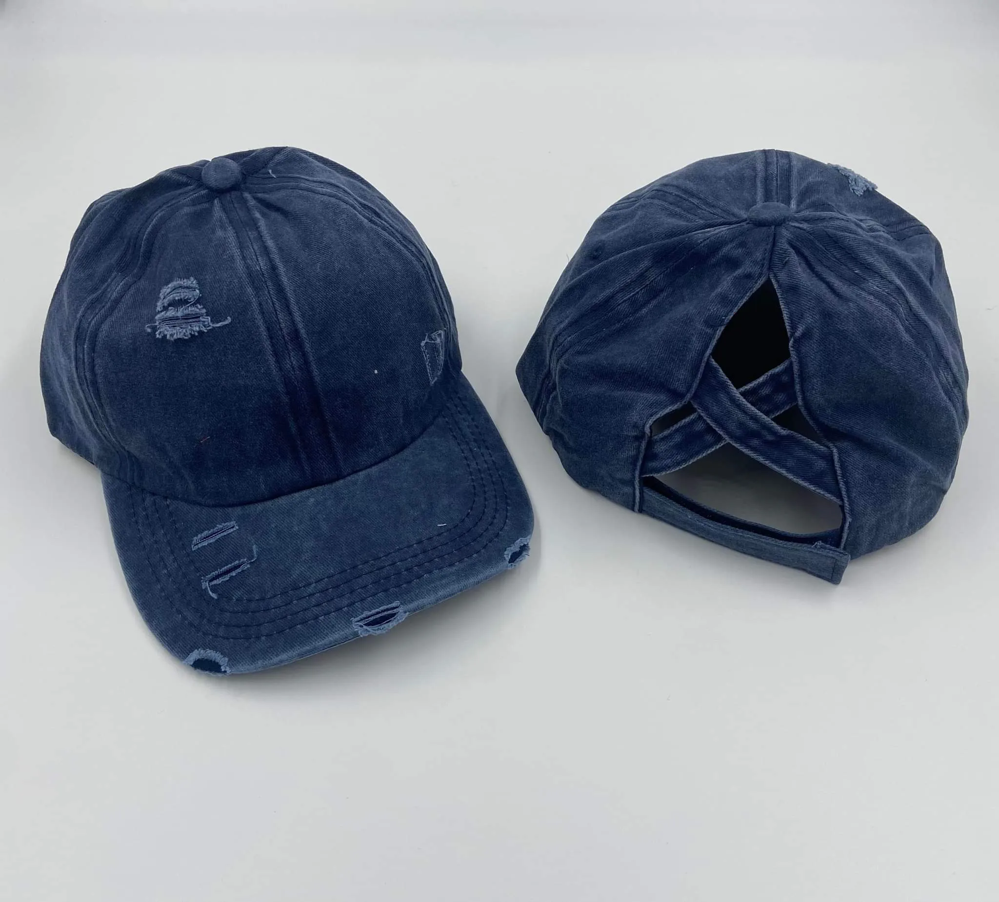 Distressed Cotton Criss Criss Ponytail Hat - 8 color options