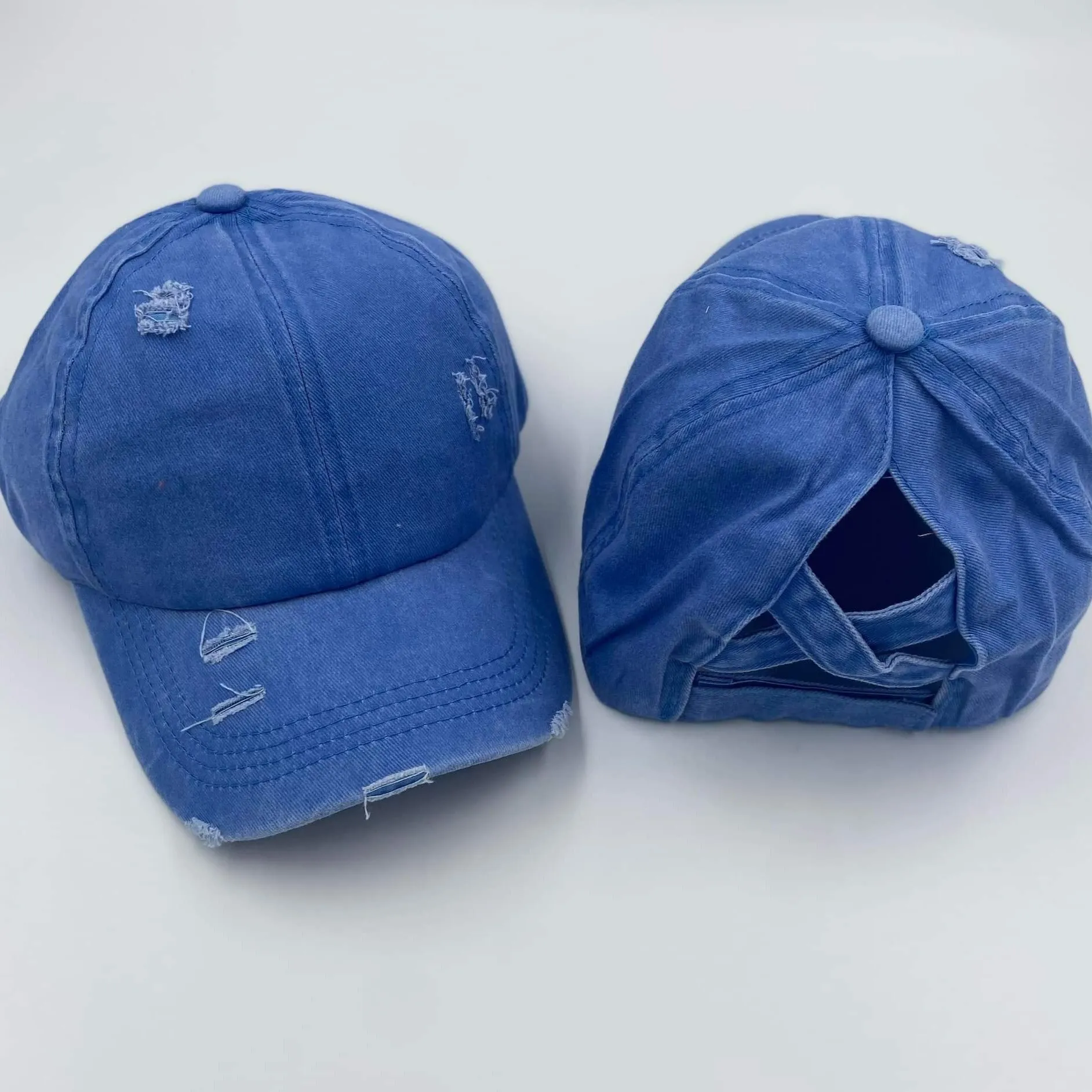Distressed Cotton Criss Criss Ponytail Hat - 8 color options