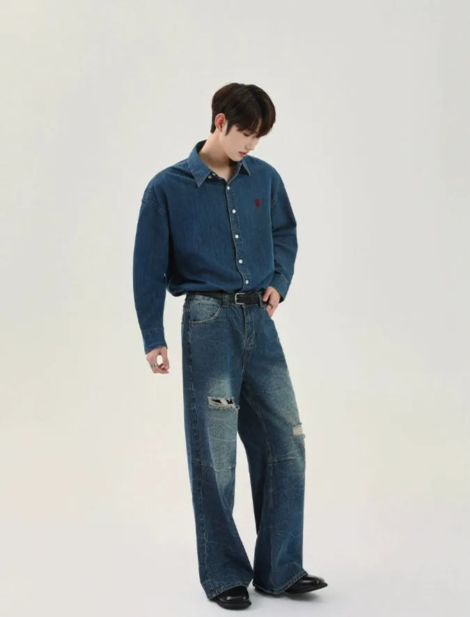 Distressed Denim Long-Sleeve Shirt