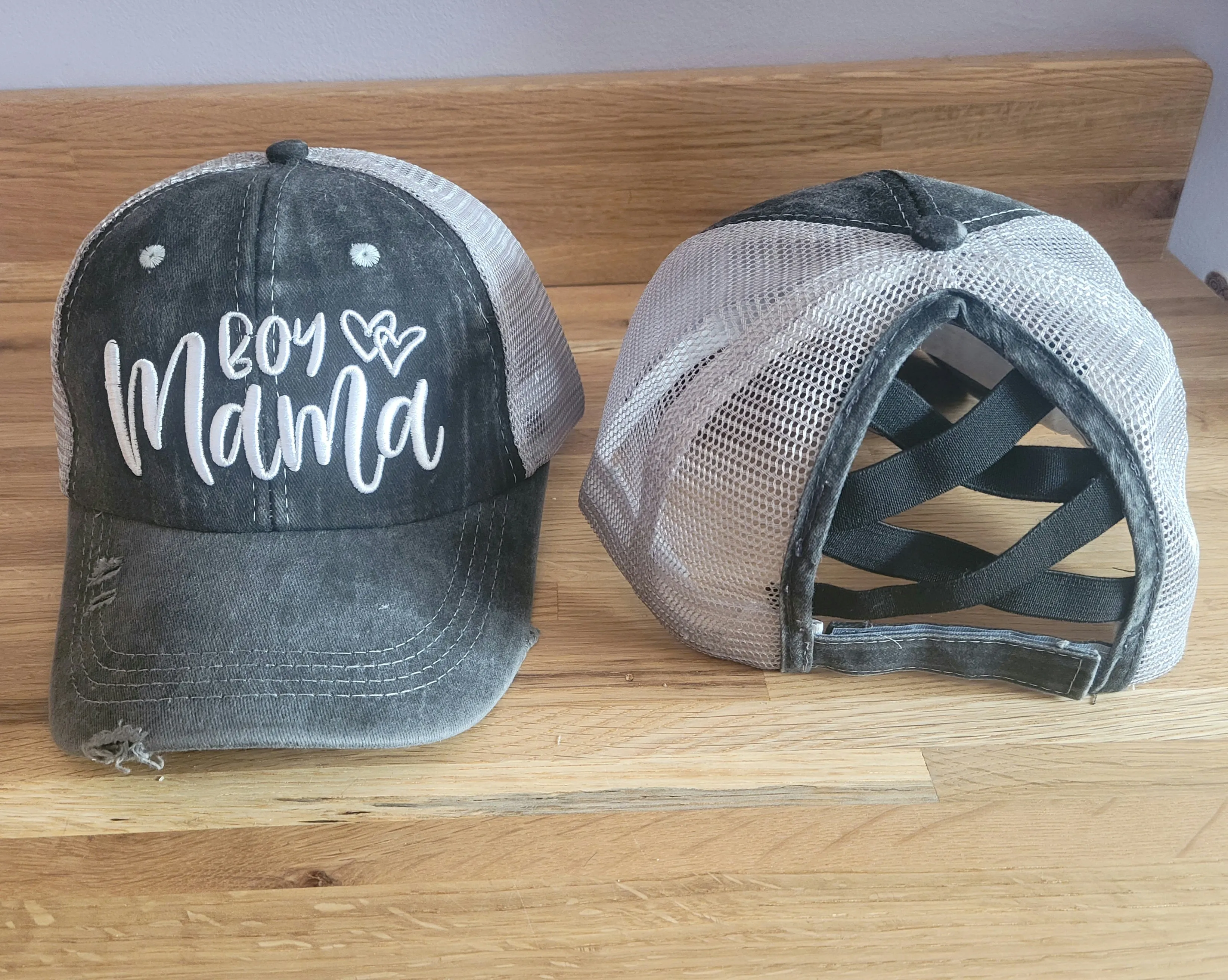 Distressed Embroidered  Criss Cross Ponytail Hat - 24 Options
