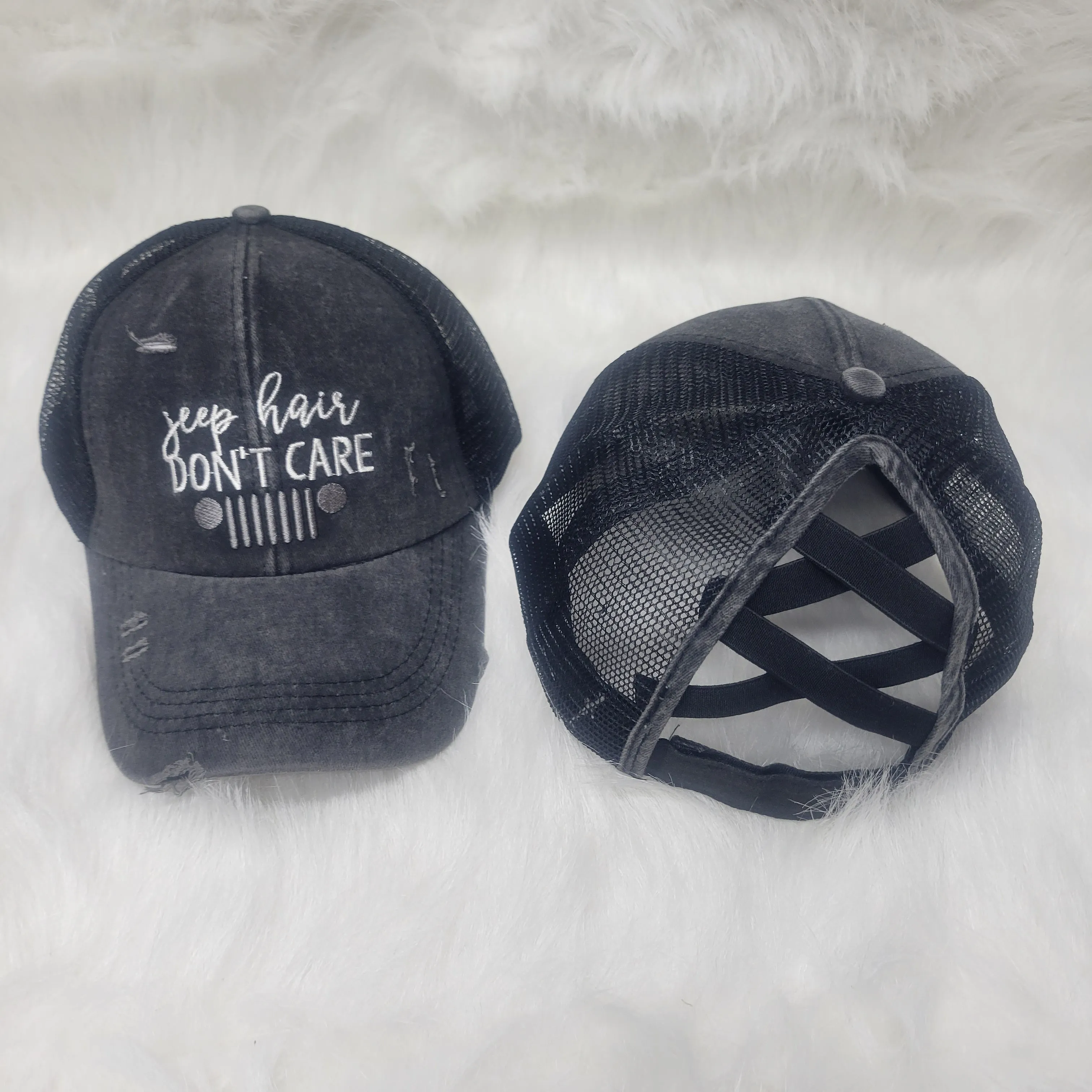 Distressed Embroidered  Criss Cross Ponytail Hat - 24 Options